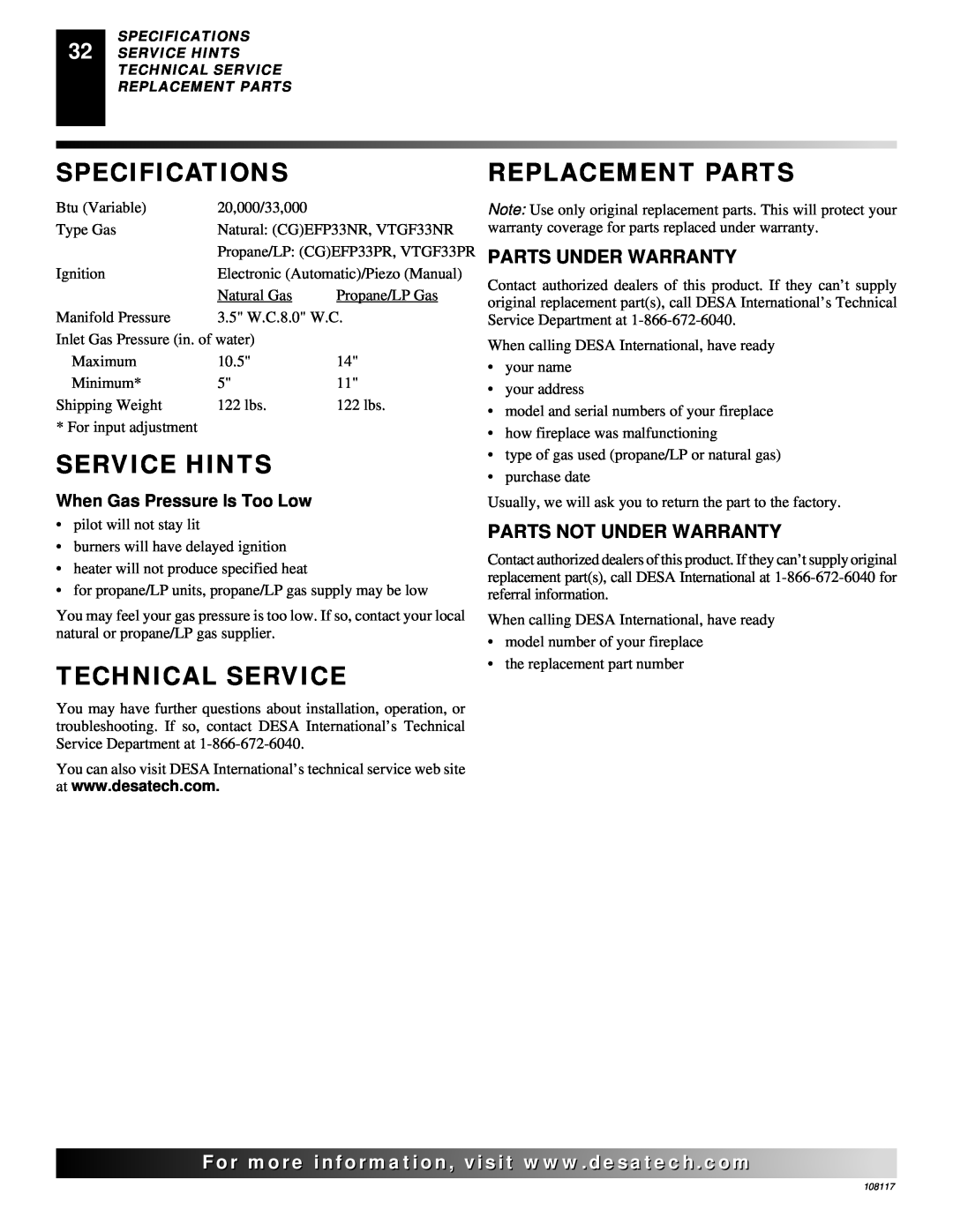 Desa CGEFP33PR, VTGF33NR Specifications, Service Hints, Technical Service, Replacement Parts, Parts Under Warranty 