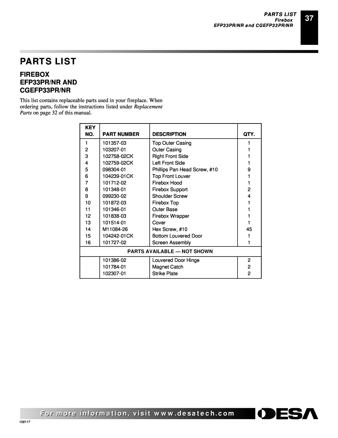 Desa VTGF33PR FIREBOX EFP33PR/NR AND CGEFP33PR/NR, Parts List, Part Number, Description, Parts Available - Not Shown 