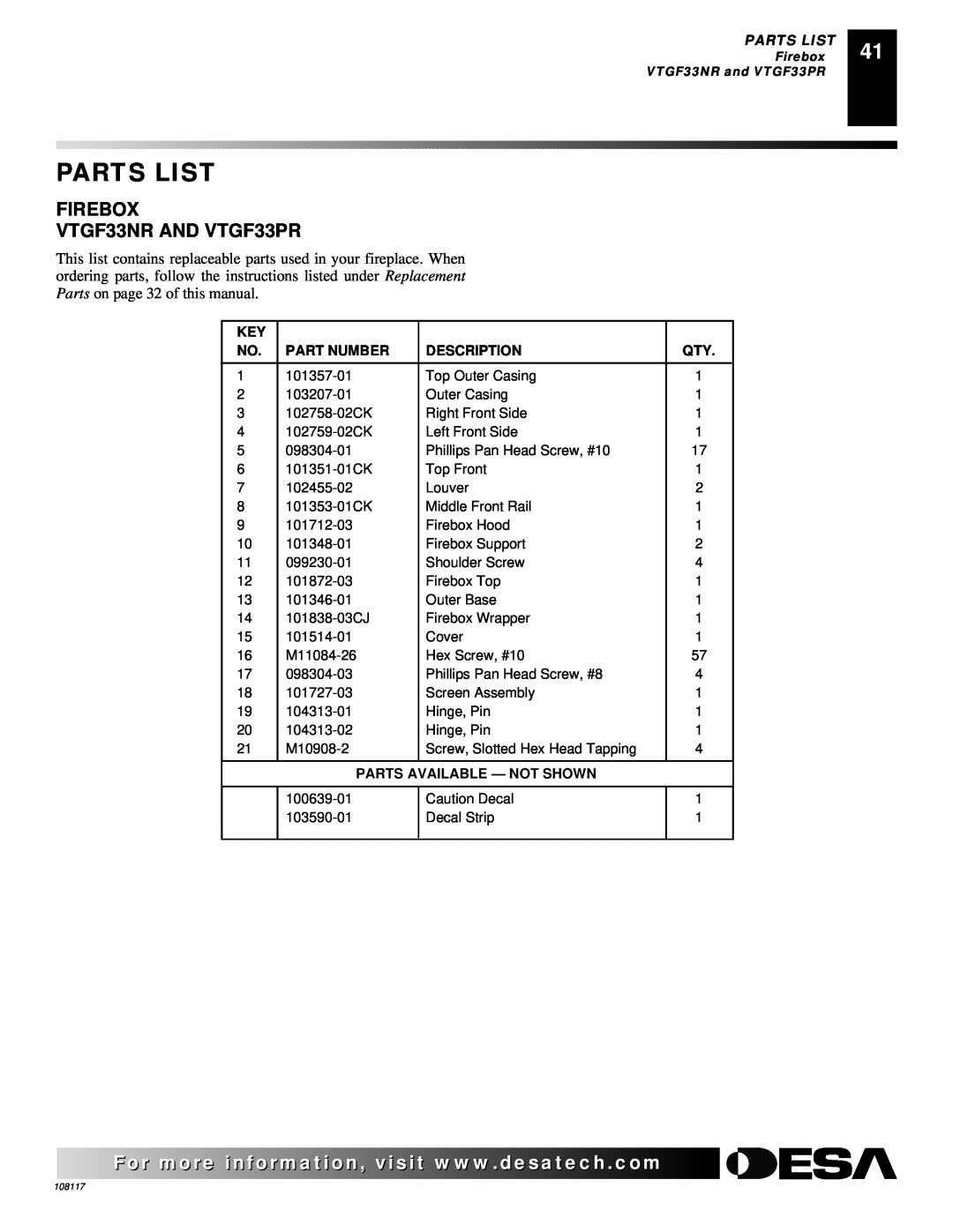 Desa CGEFP33PR Parts List, FIREBOX VTGF33NR AND VTGF33PR, Part Number, Description, Parts Available - Not Shown 