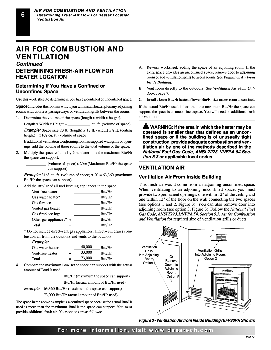 Desa VTGF33NR, VTGF33PR Determining Fresh-Airflow For Heater Location, Ventilation Air, Air For Combustion And Ventilation 