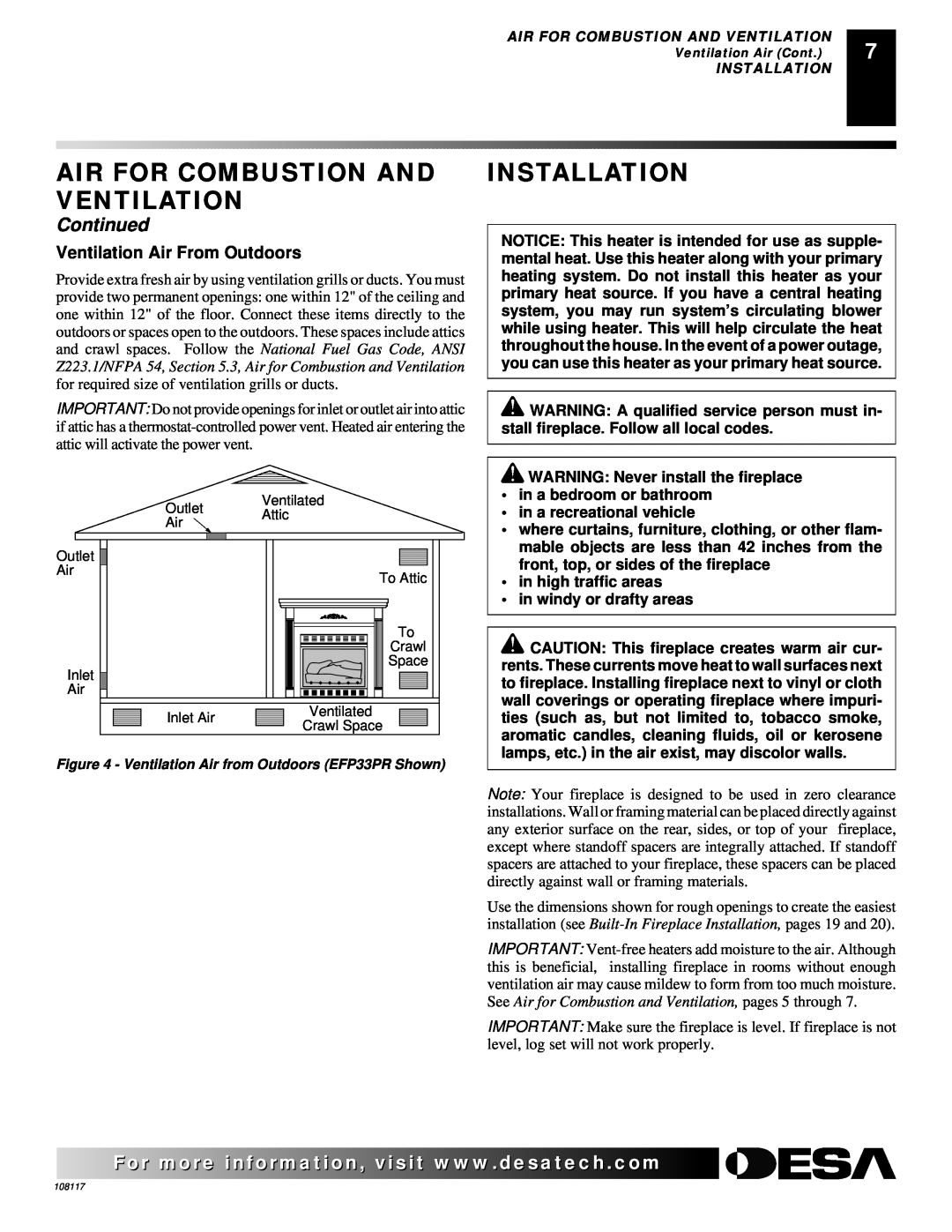 Desa VTGF33PR, VTGF33NR Installation, Air For Combustion And Ventilation, Continued, Ventilation Air From Outdoors 