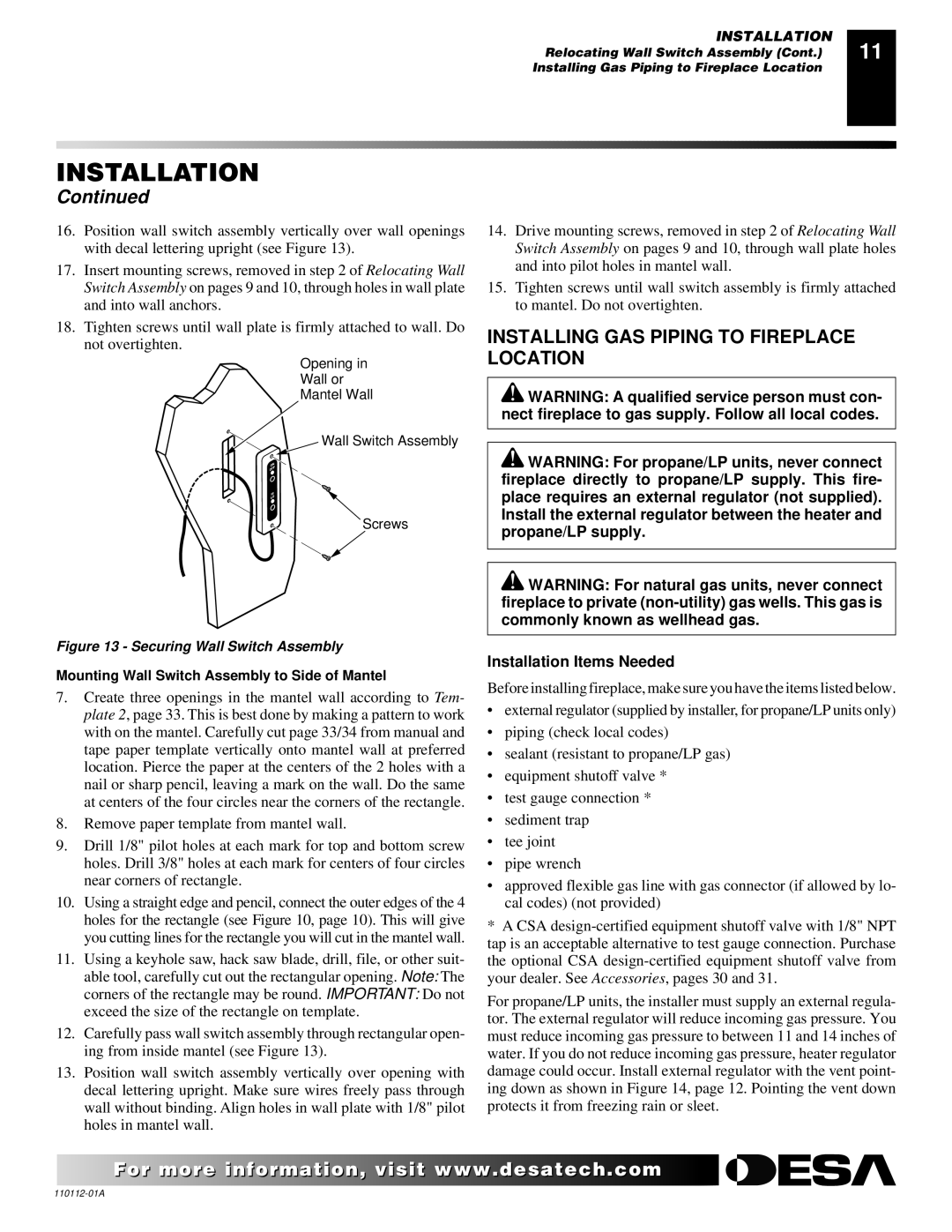 Desa VTGF33NRA Installing GAS Piping to Fireplace Location, Mounting Wall Switch Assembly to Side of Mantel 