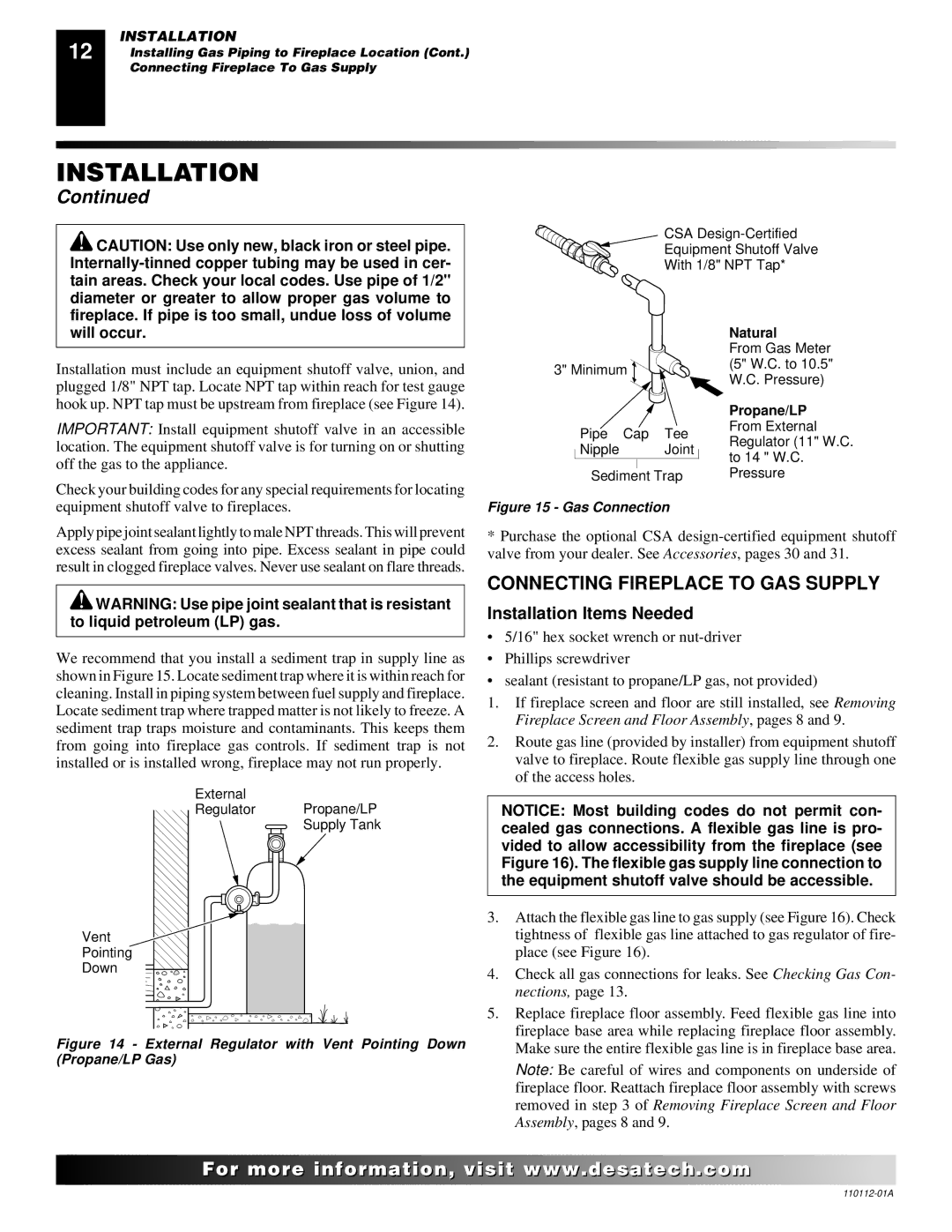 Desa VTGF33NRA installation manual Connecting Fireplace to GAS Supply, Installation Items Needed 