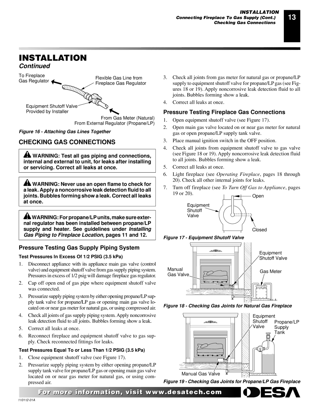 Desa VTGF33NRA installation manual Checking GAS Connections, Pressure Testing Fireplace Gas Connections 