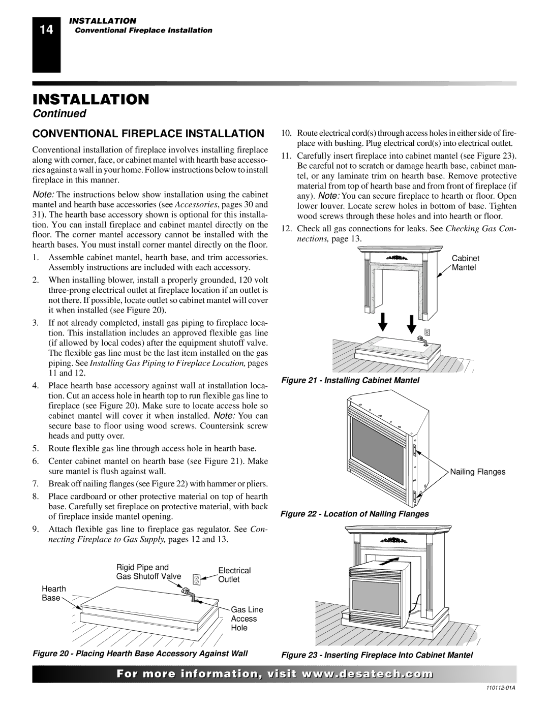 Desa VTGF33NRA installation manual Conventional Fireplace Installation, Hole 