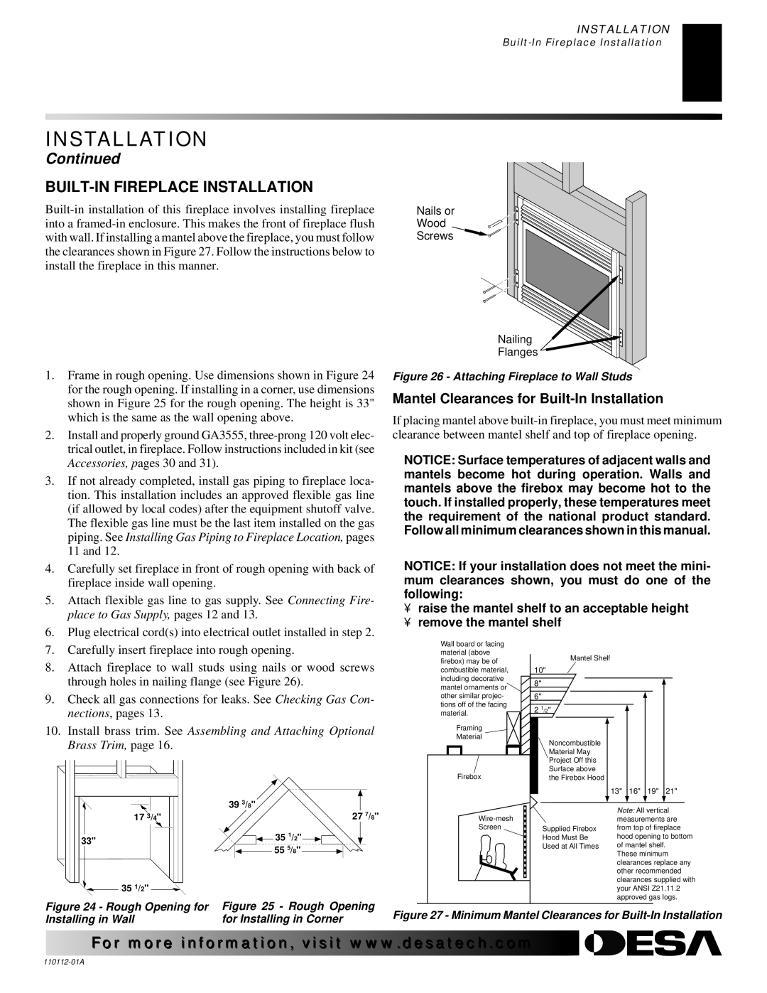 Desa VTGF33NRA installation manual BUILT-IN Fireplace Installation, Mantel Clearances for Built-In Installation 