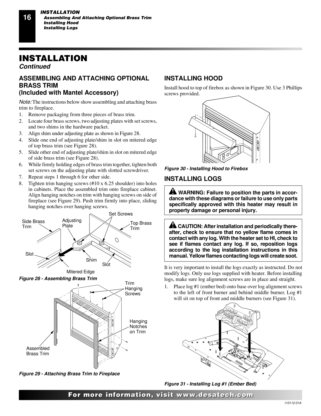 Desa VTGF33NRA installation manual Assembling and Attaching Optional Brass Trim, Installing Hood, Installing Logs 