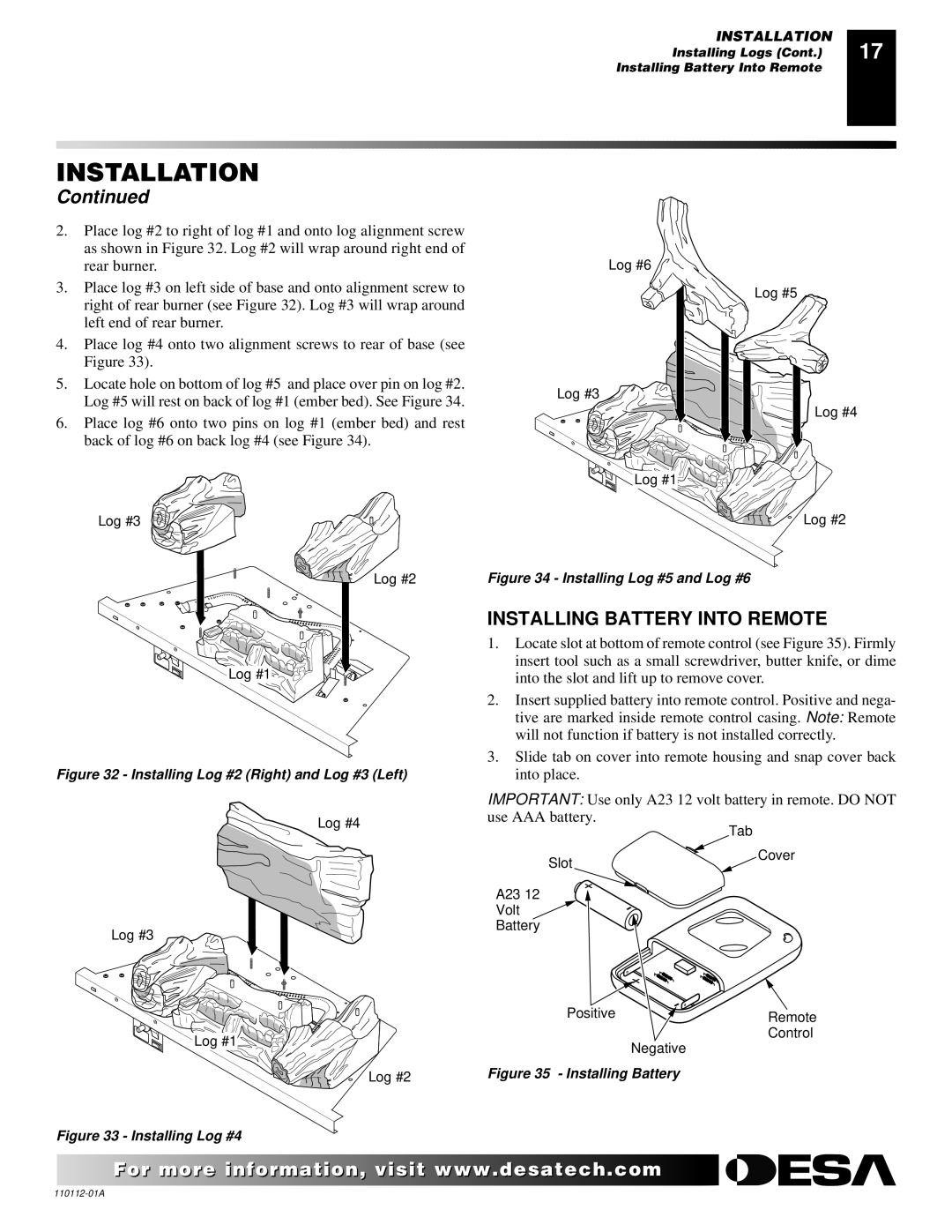 Desa VTGF33NRA installation manual Installing Battery Into Remote, Installing Log #2 Right and Log #3 Left 