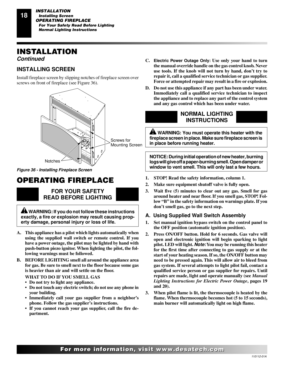 Desa VTGF33NRA Operating Fireplace, Installing Screen, For Your Safety Read Before Lighting, Normal Lighting Instructions 