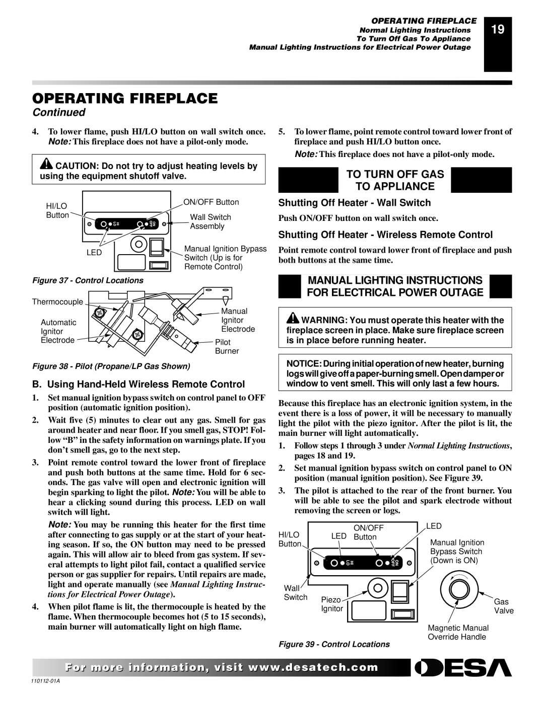 Desa VTGF33NRA installation manual To Turn OFF GAS To Appliance, Manual Lighting Instructions, For Electrical Power Outage 