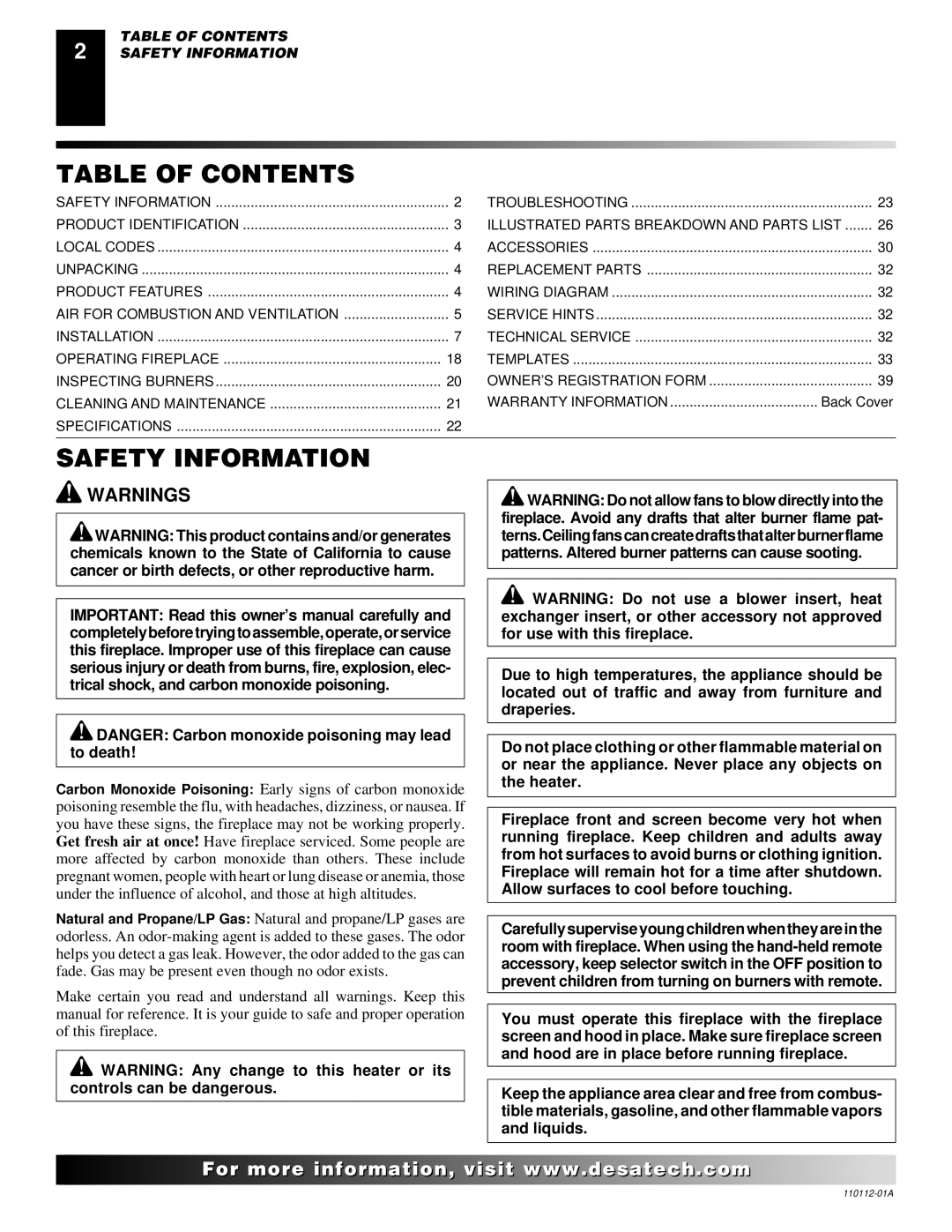 Desa VTGF33NRA installation manual Table of Contents, Safety Information 