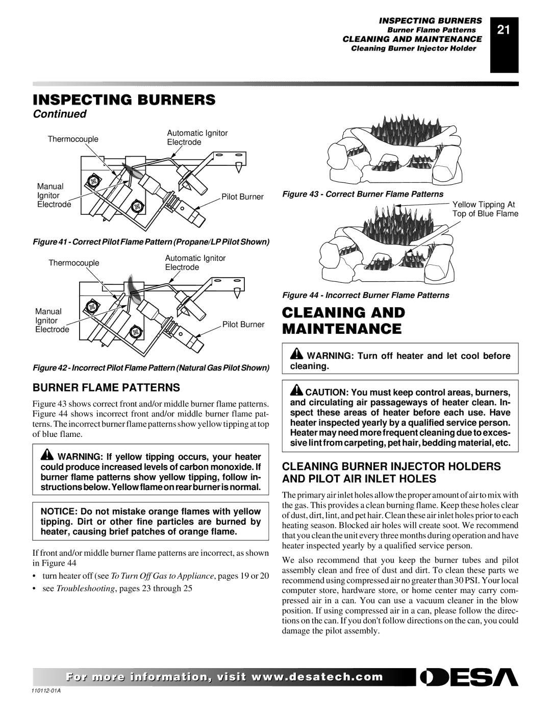 Desa VTGF33NRA Cleaning Maintenance, Burner Flame Patterns, Cleaning Burner Injector Holders and Pilot AIR Inlet Holes 