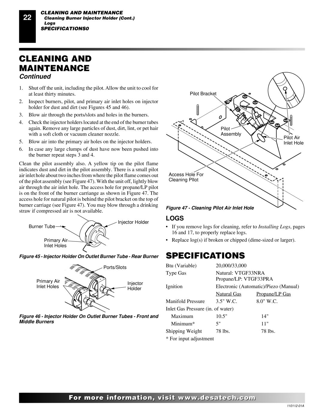 Desa VTGF33NRA installation manual Specifications, Logs 