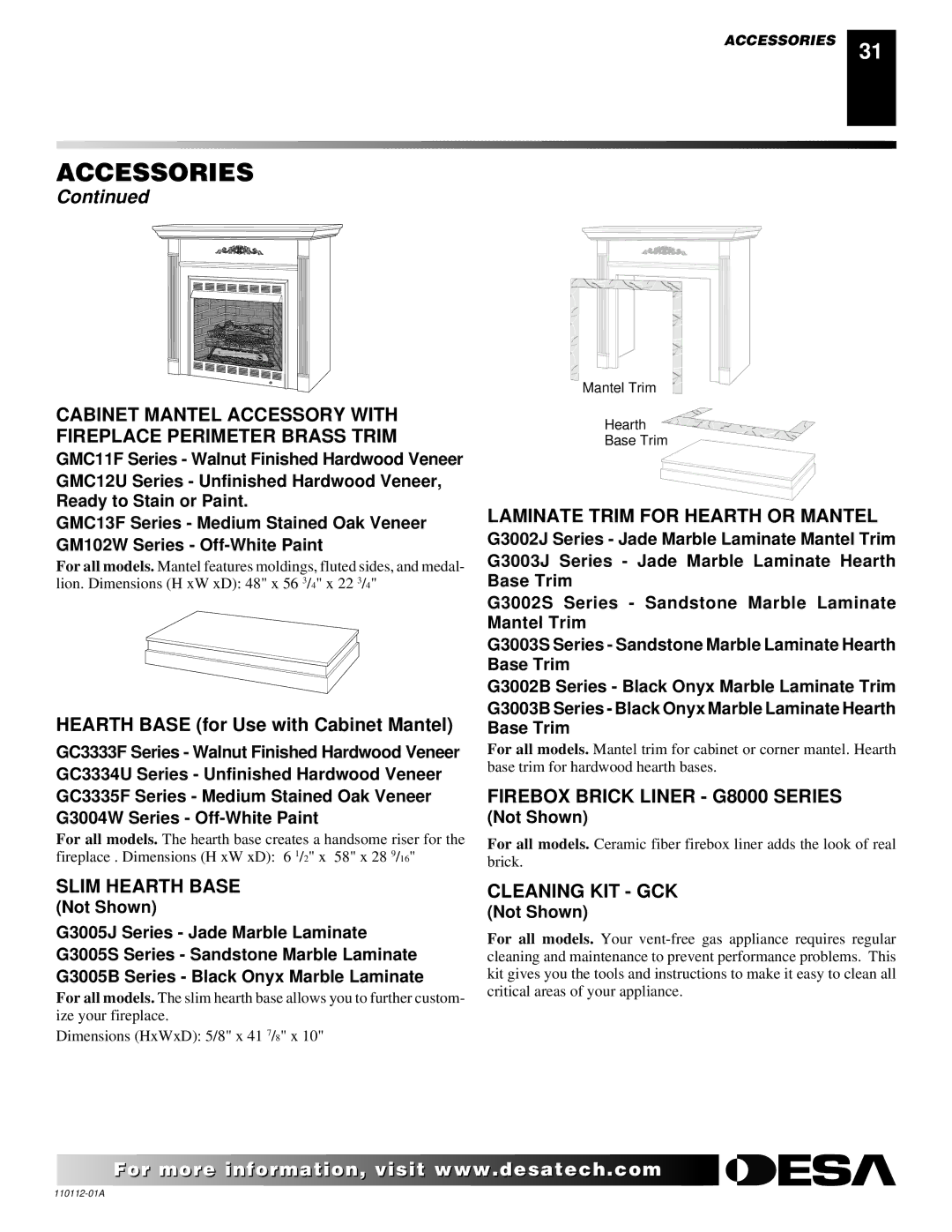 Desa VTGF33NRA Slim Hearth Base, Laminate Trim for Hearth or Mantel, Firebox Brick Liner G8000 Series, Cleaning KIT GCK 