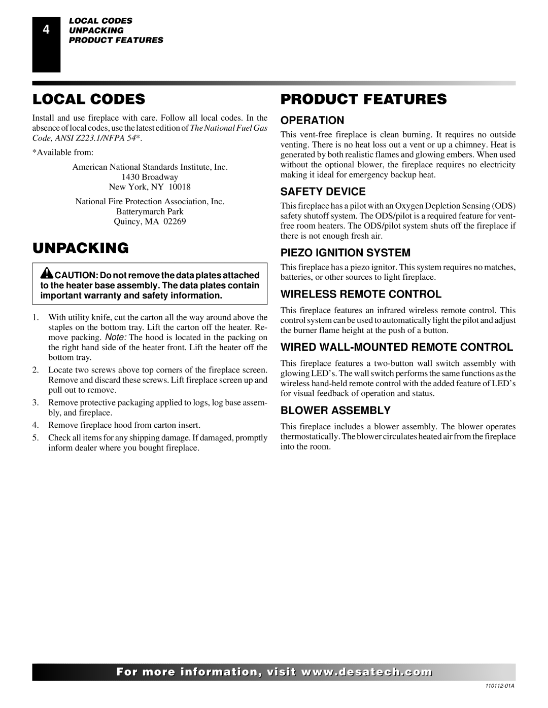 Desa VTGF33NRA installation manual Local Codes, Unpacking, Product Features 