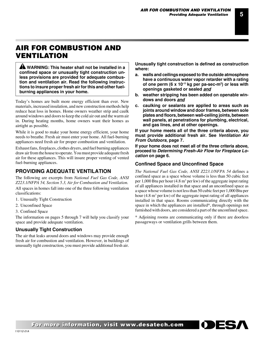 Desa VTGF33NRA AIR for Combustion and Ventilation, Providing Adequate Ventilation, Unusually Tight Construction 