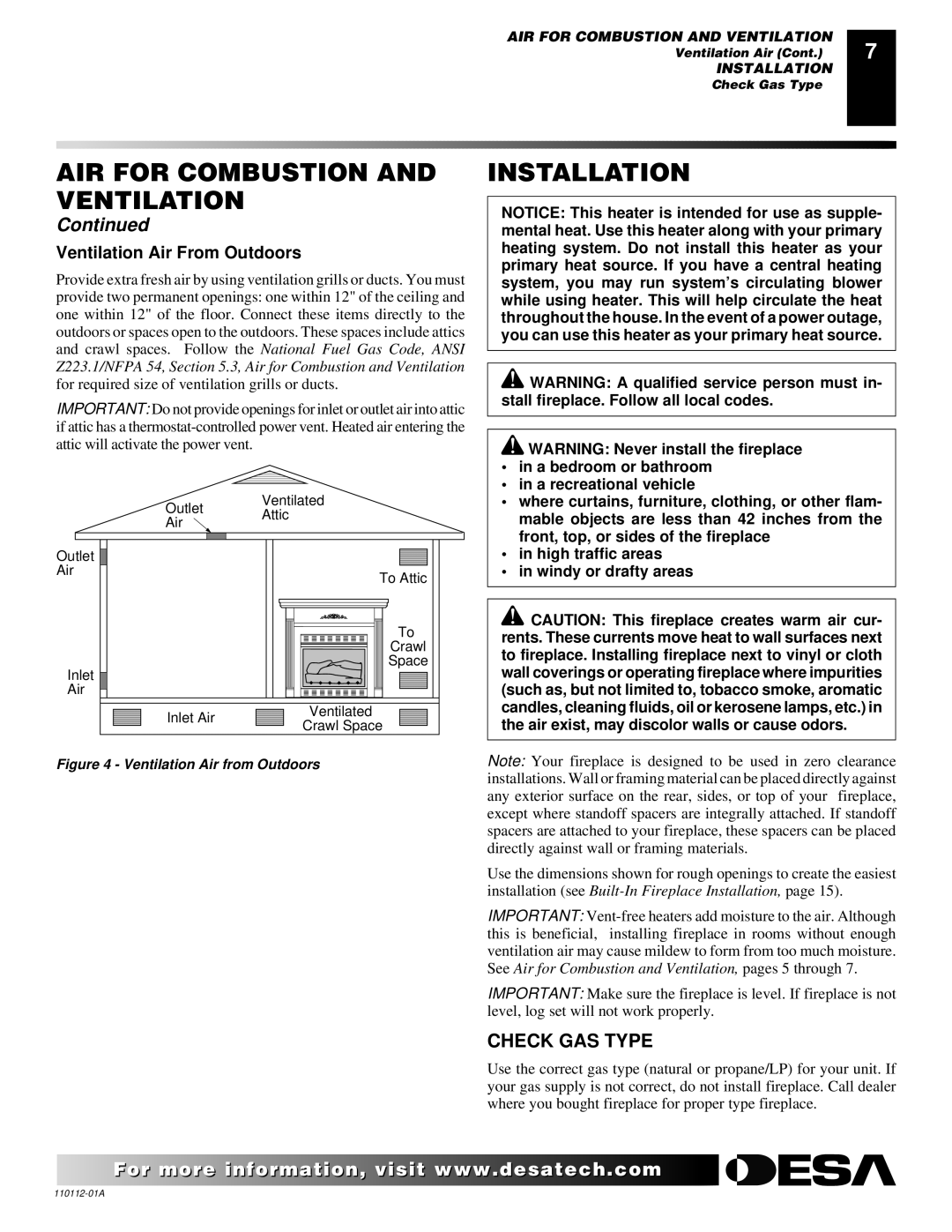 Desa VTGF33NRA installation manual Installation, Check GAS Type, Ventilation Air From Outdoors 