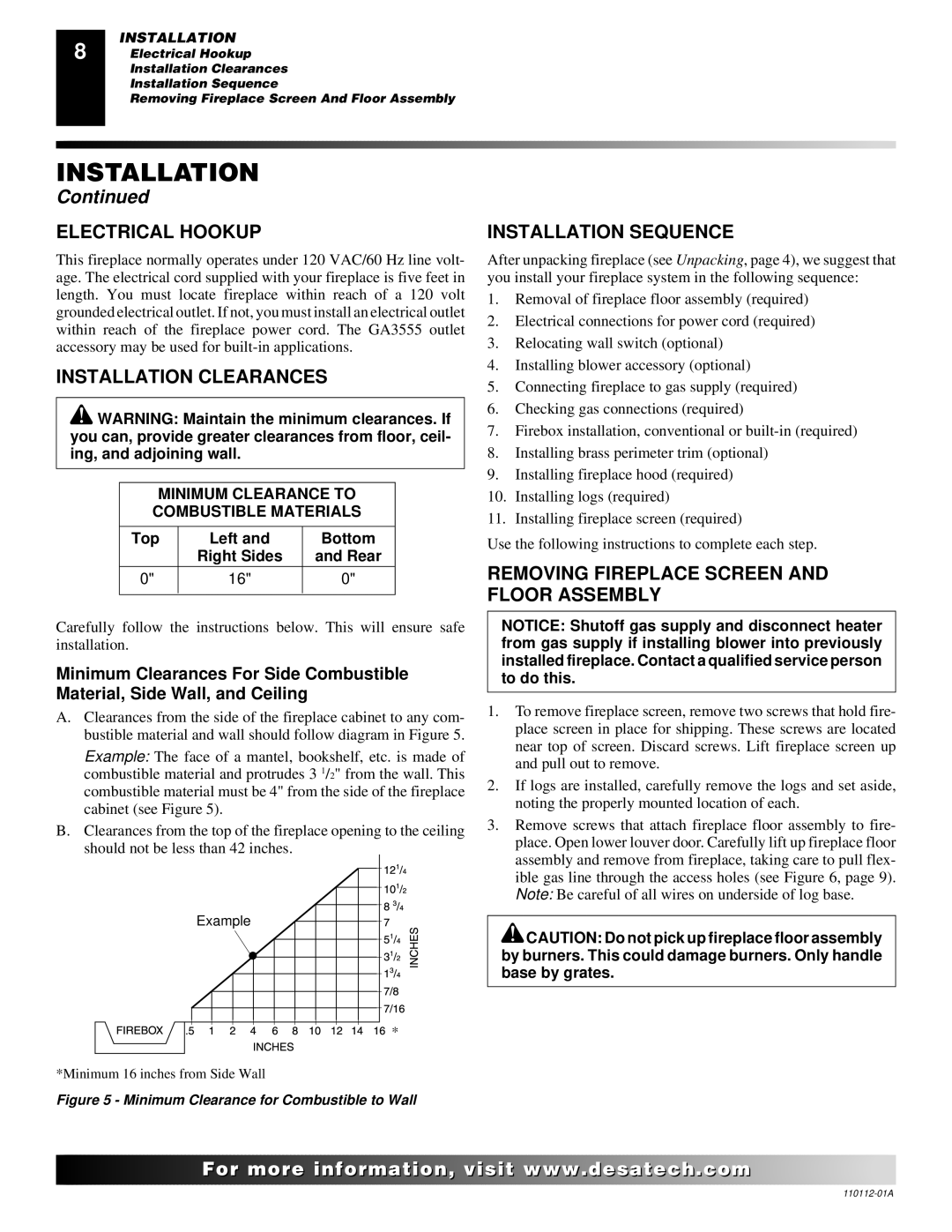 Desa VTGF33NRA installation manual Electrical Hookup, Installation Clearances, Installation Sequence 