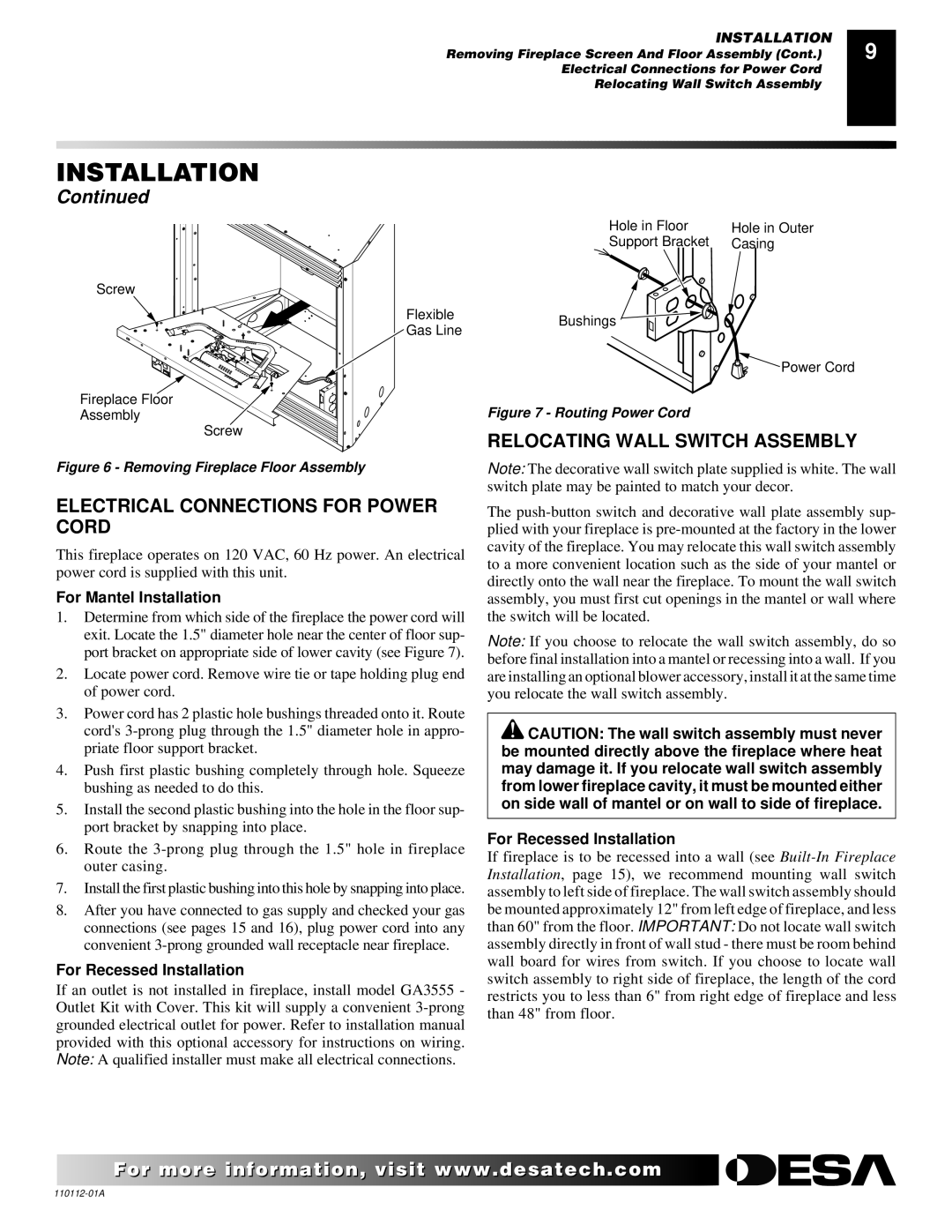 Desa VTGF33NRA installation manual Relocating Wall Switch Assembly, Electrical Connections for Power Cord 