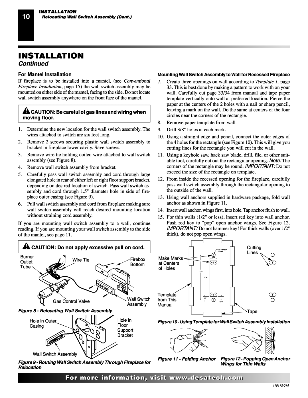 Desa VTGF33NRA Continued, For..com, For Mantel Installation, CAUTION Do not apply excessive pull on cord 
