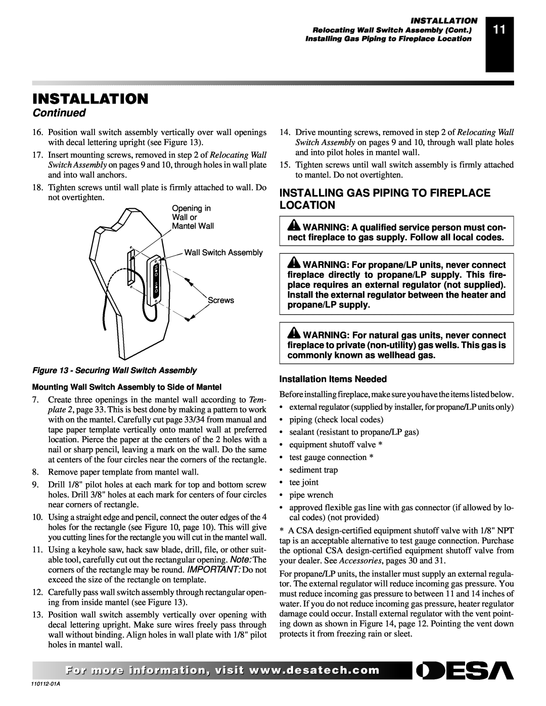 Desa VTGF33NRA installation manual Installing Gas Piping To Fireplace Location, Continued, Installation Items Needed 