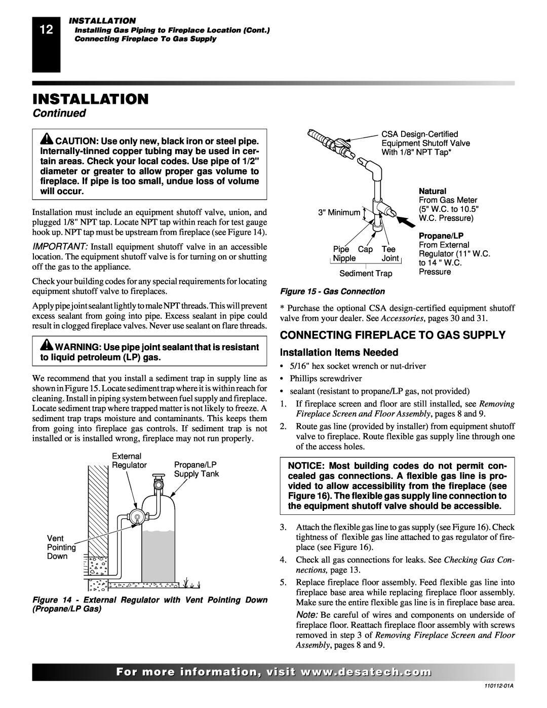 Desa VTGF33NRA installation manual Connecting Fireplace To Gas Supply, Installation, Continued, For..com, will occur 