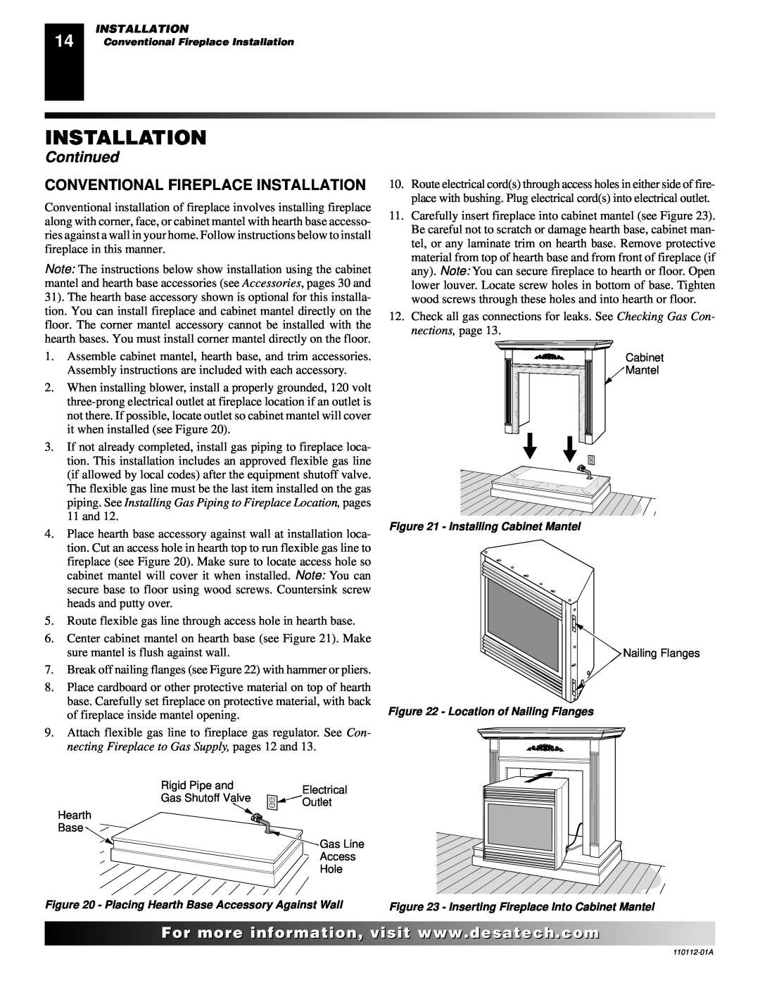 Desa VTGF33NRA installation manual Conventional Fireplace Installation, Continued, For..com 