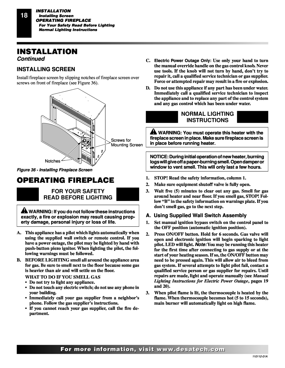 Desa VTGF33NRA Operating Fireplace, Installing Screen, For Your Safety Read Before Lighting, Normal Lighting Instructions 