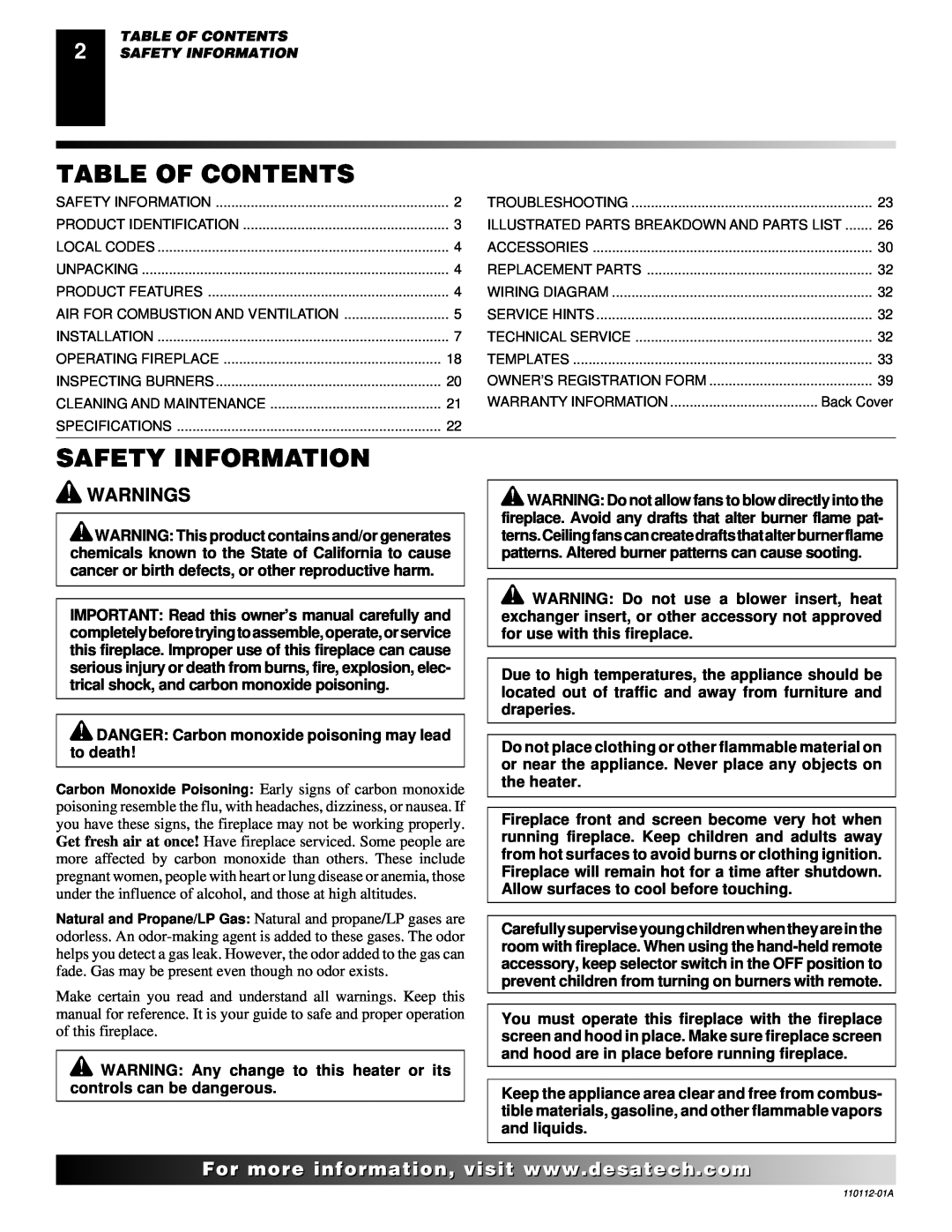 Desa VTGF33NRA installation manual Table Of Contents, Safety Information, Warnings, For..com 