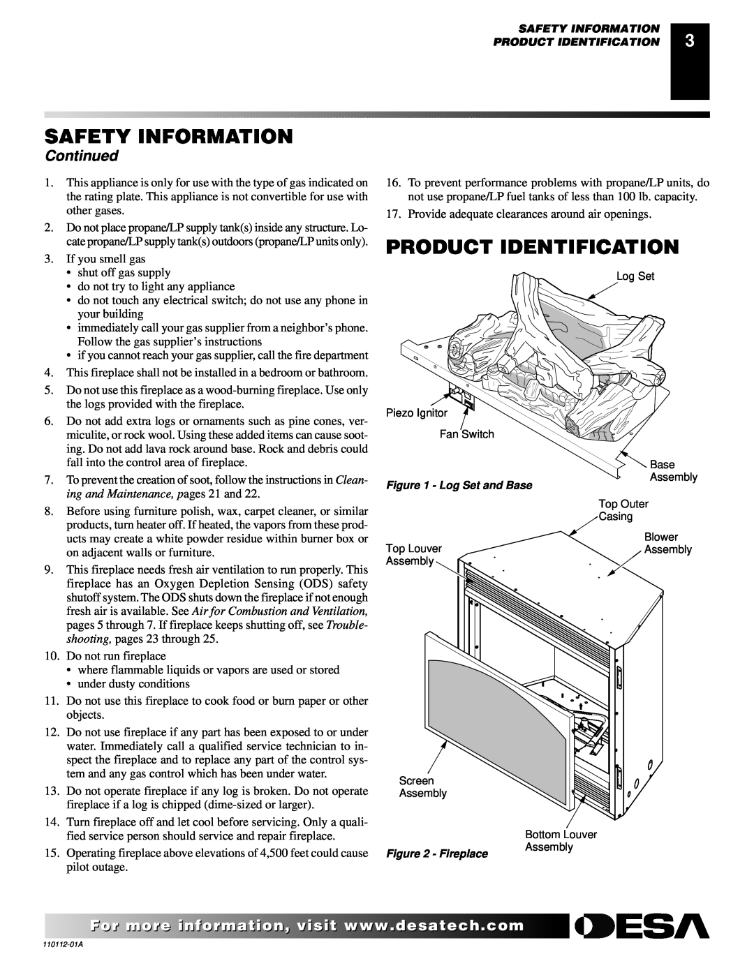 Desa VTGF33NRA installation manual Product Identification, Continued, Safety Information, ing and Maintenance, pages 21 and 
