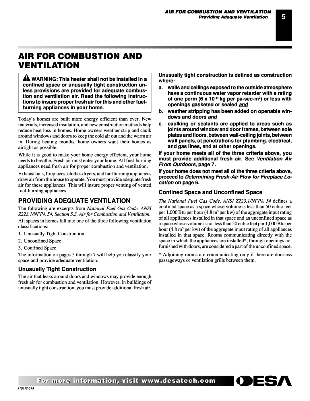 Desa VTGF33NRA installation manual Air For Combustion And Ventilation, Providing Adequate Ventilation 