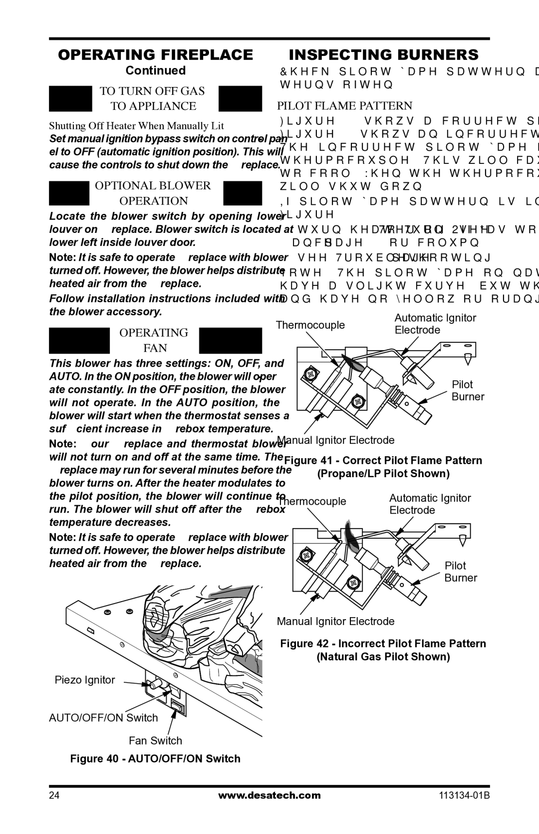 Desa VTGF33PRB, VTGF33NRB Inspecting Burners, Optional Blower Operation, Operating FAN, Pilot Flame Pattern 