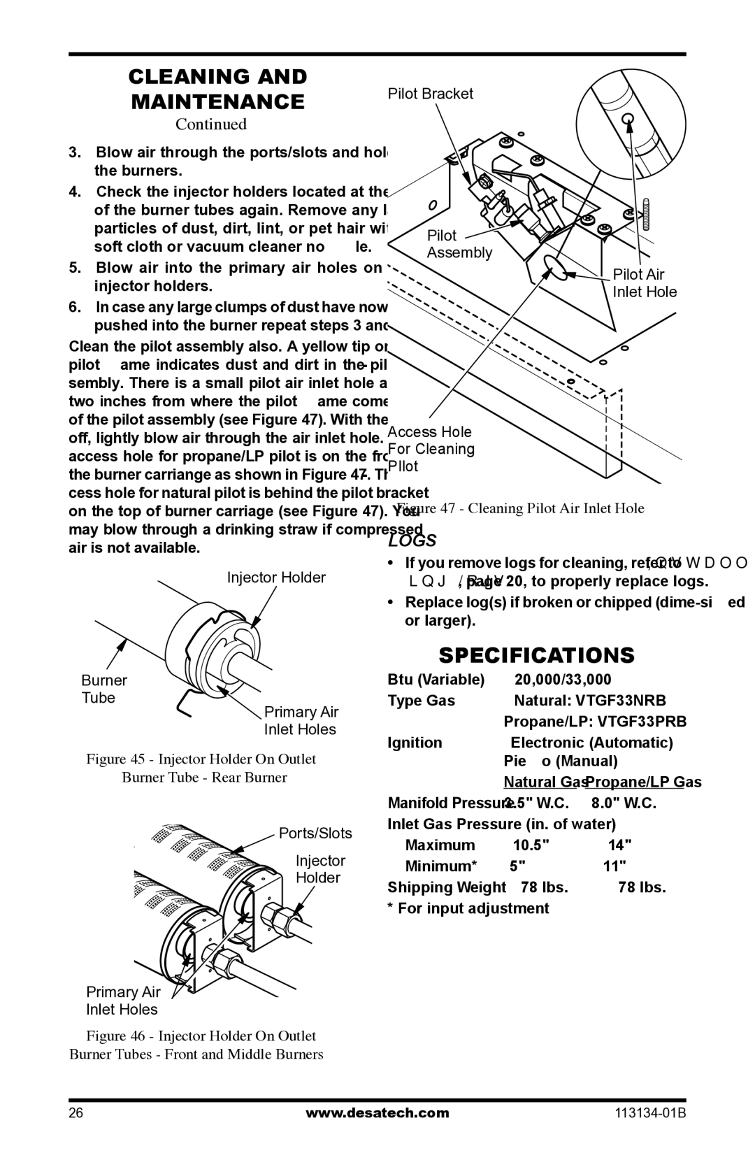 Desa VTGF33PRB, VTGF33NRB installation manual Cleaning Maintenance, Specifications, Logs 