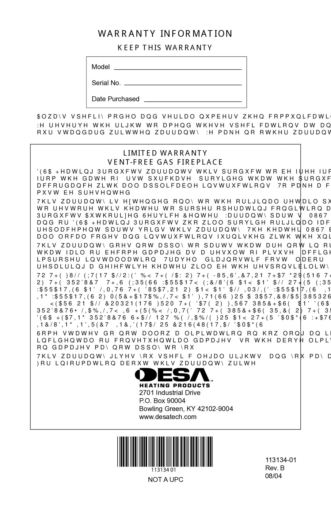 Desa VTGF33PRB, VTGF33NRB Warranty Information, Keep this Warranty, Limited Warranty VENT-FREE GAS Fireplace 