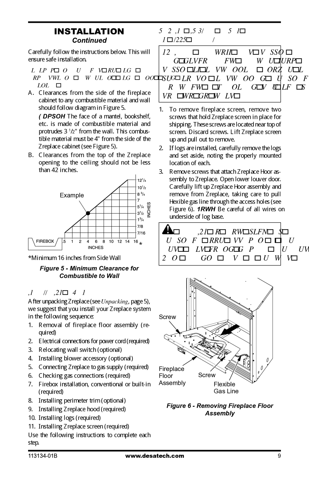 Desa VTGF33NRB Installation Sequence, Removing Fireplace Screen and Floor Assembly, Minimum 16 inches from Side Wall 