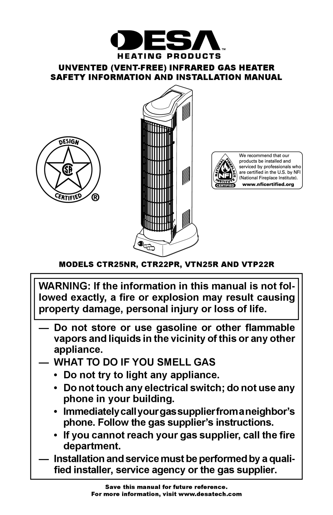 Desa VTN25R, VTP22R installation manual What to do if YOU Smell GAS 