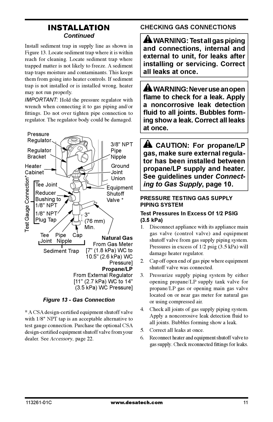 Desa VTN25R, VTP22R installation manual Checking GAS Connections 