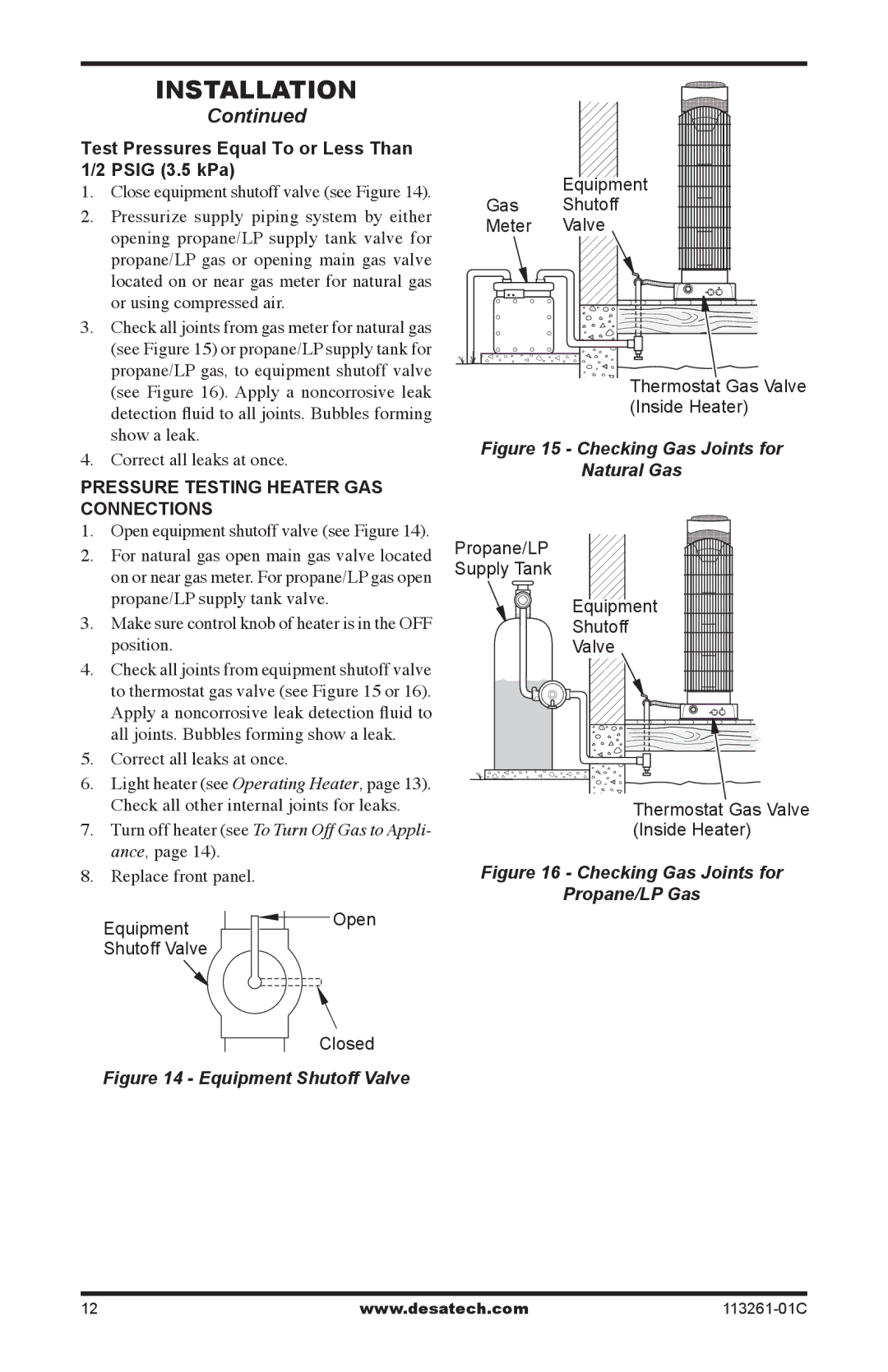 Desa VTP22R, VTN25R Test Pressures Equal To or Less Than 1/2 Psig 3.5 kPa, Pressure Testing Heater GAS Connections, Closed 