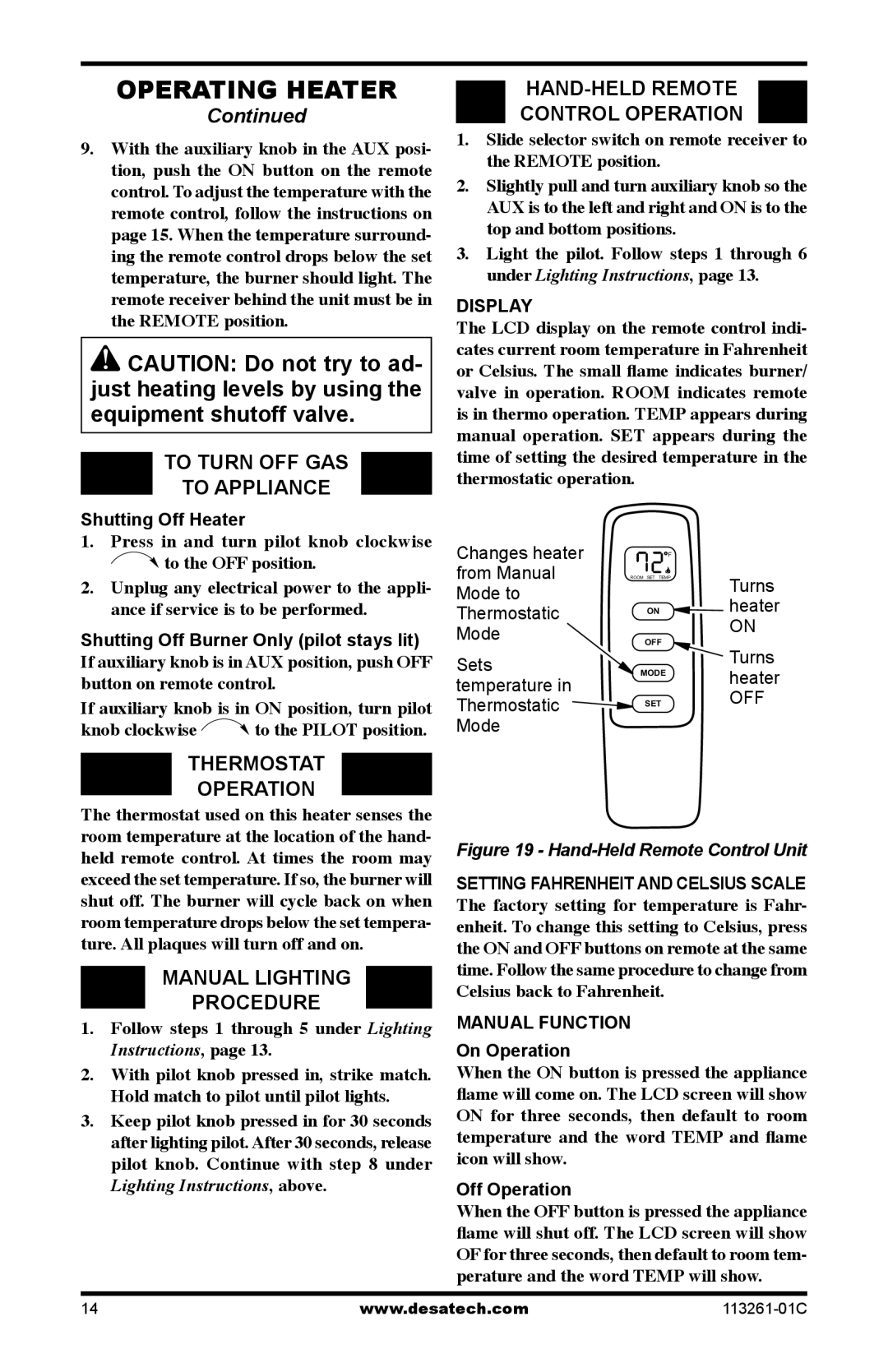 Desa VTP22R, VTN25R installation manual To Turn OFF GAS To Appliance, Thermostat Operation, Manual Lighting Procedure 