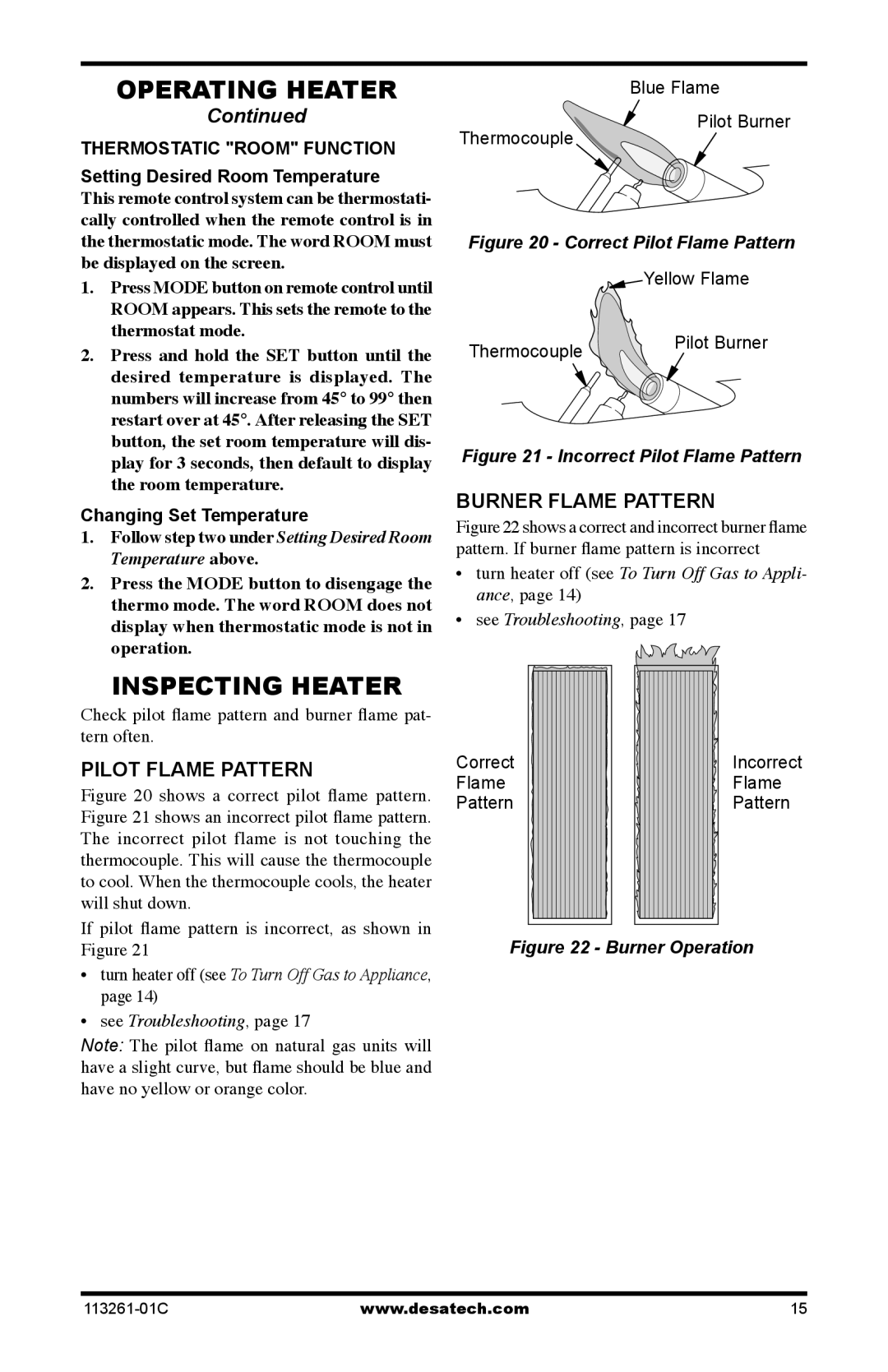 Desa VTN25R, VTP22R Inspecting Heater, Pilot Flame Pattern, Burner Flame Pattern, Thermostatic Room Function 