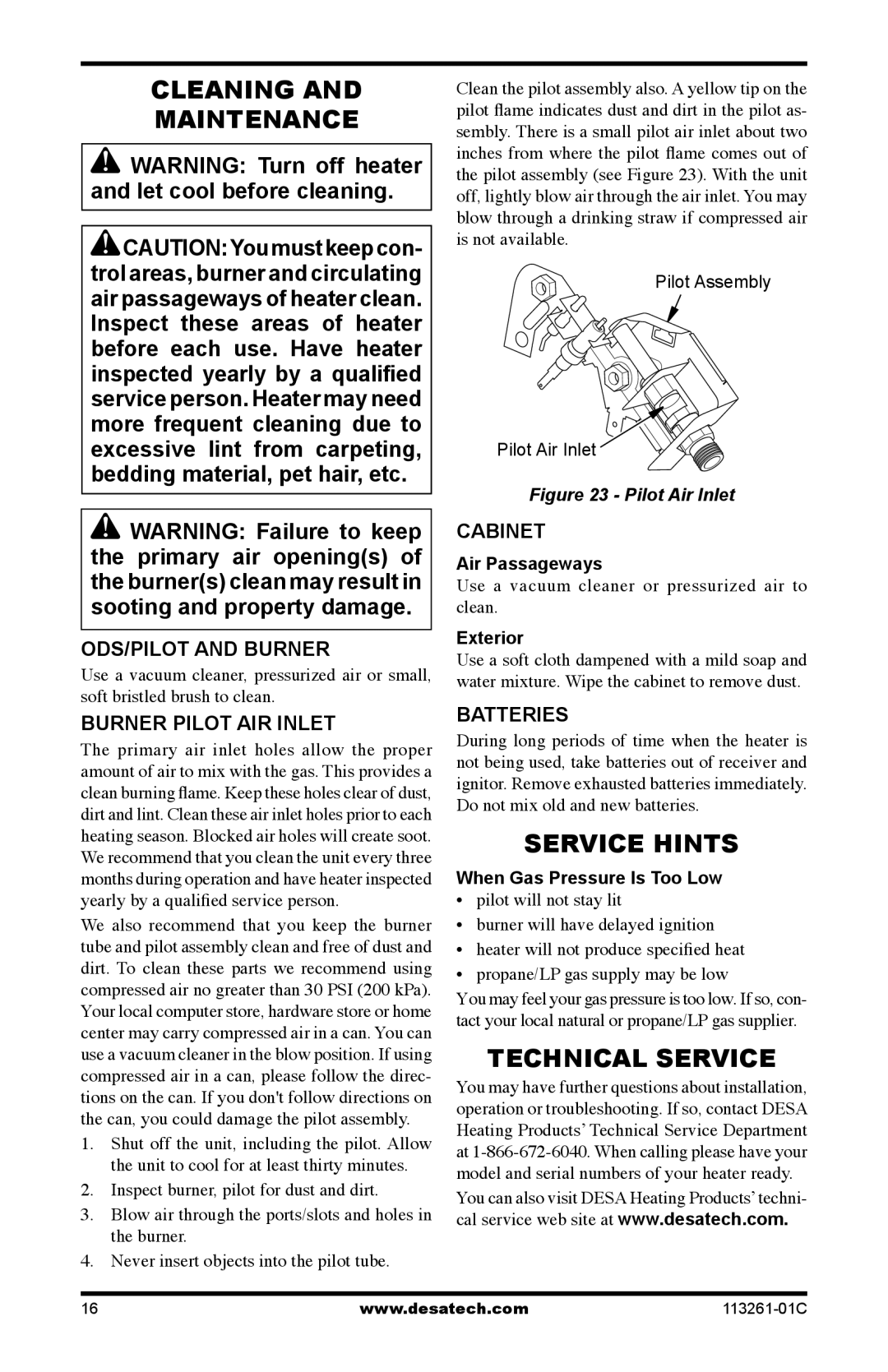 Desa VTP22R, VTN25R installation manual Cleaning Maintenance, Service Hints, Technical Service 