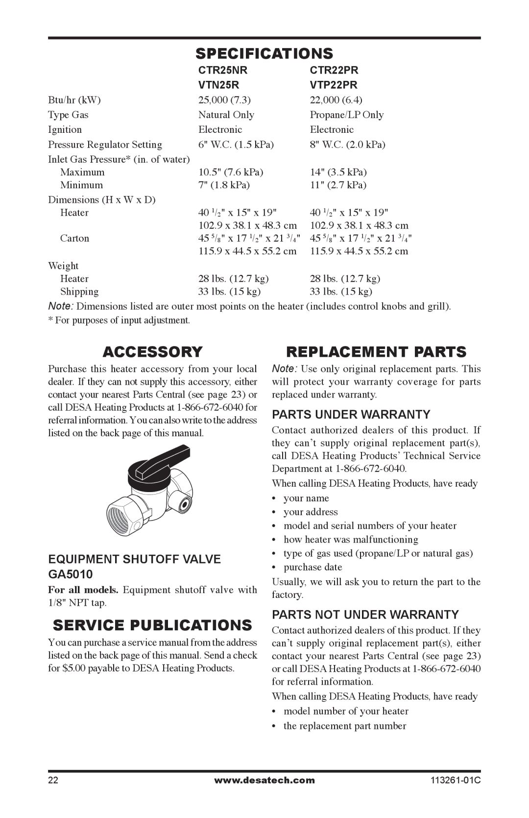 Desa VTP22R, VTN25R installation manual Specifications, Accessory, Service Publications Replacement Parts 