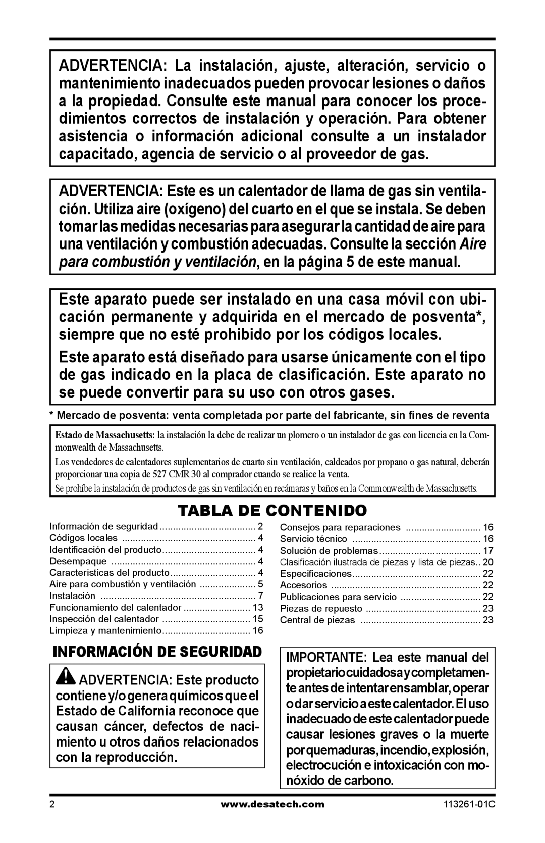 Desa VTP22R, VTN25R installation manual Tabla DE Contenido, Información DE Seguridad 