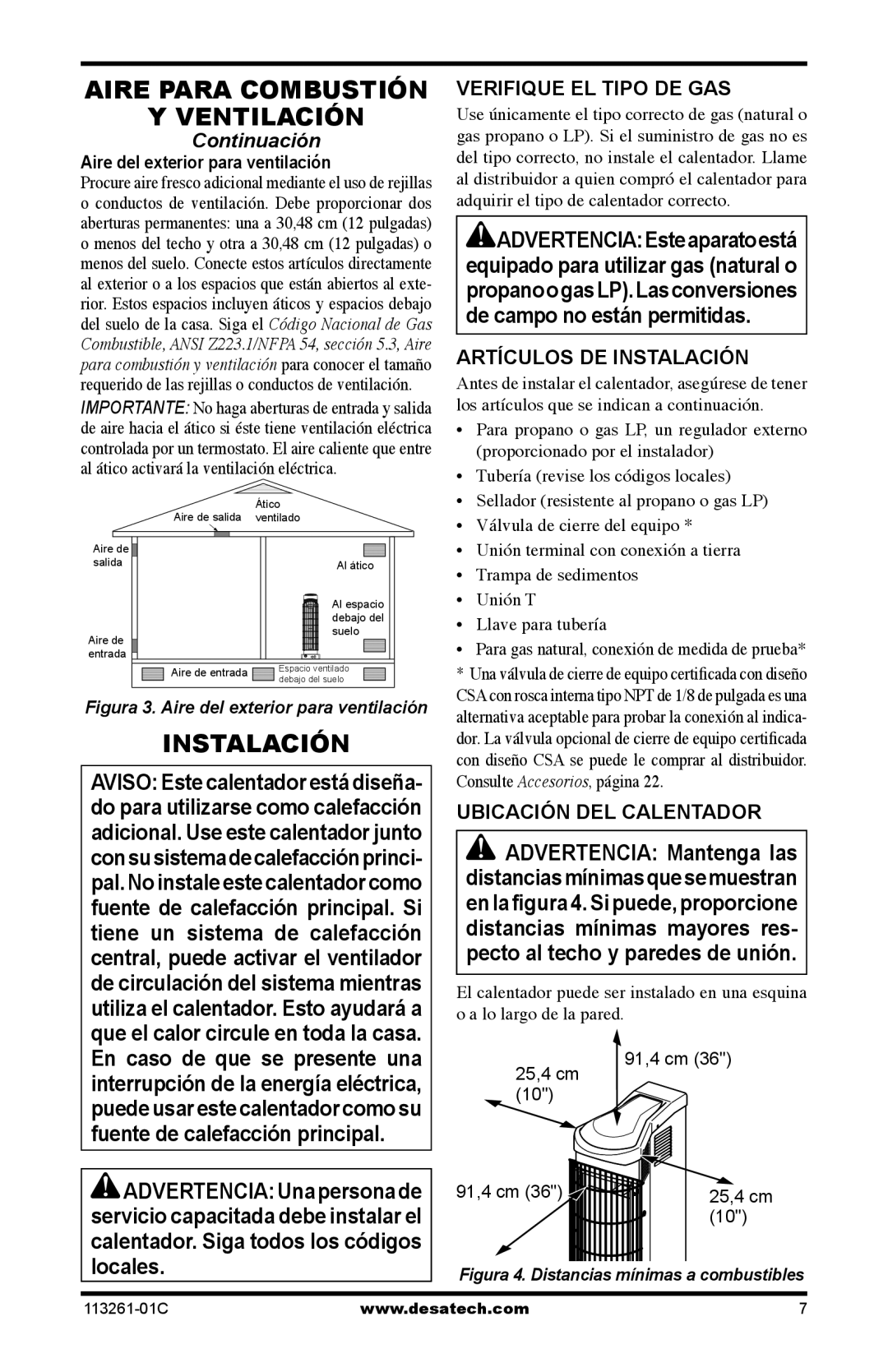 Desa VTN25R, VTP22R installation manual Verifique EL Tipo DE GAS, Artículos DE Instalación, Ubicación DEL Calentador 