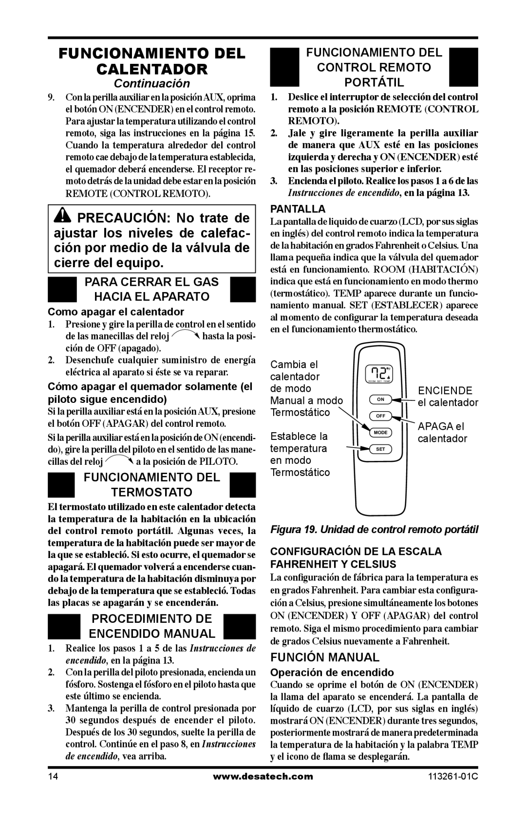 Desa VTP22R Funcionamiento DEL Termostato, Procedimiento DE Encendido Manual, Funcionamiento DEL Control Remoto Portátil 