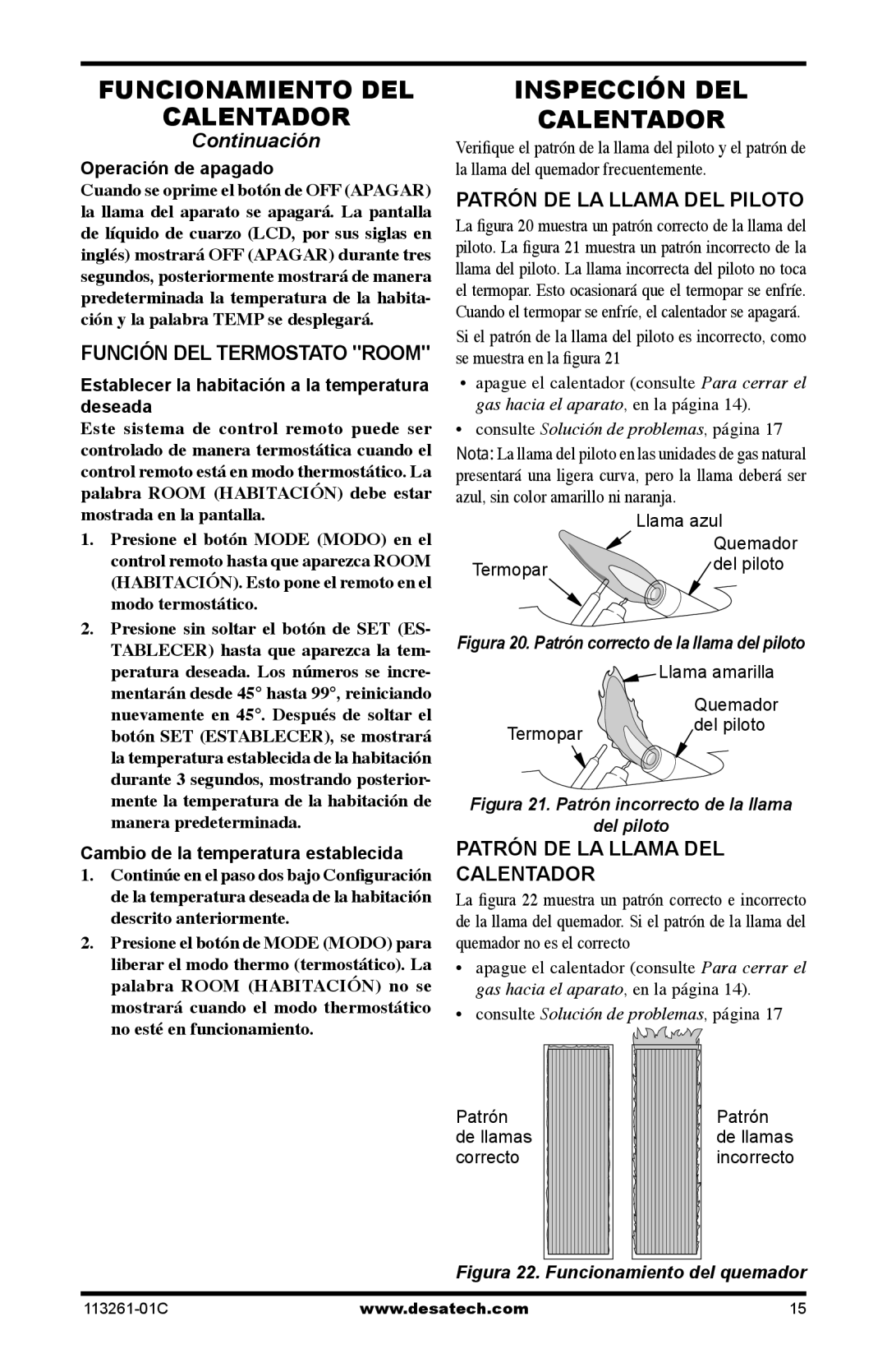 Desa VTN25R, VTP22R Inspección DEL Calentador, Función DEL Termostato Room, Patrón DE LA Llama DEL Piloto 