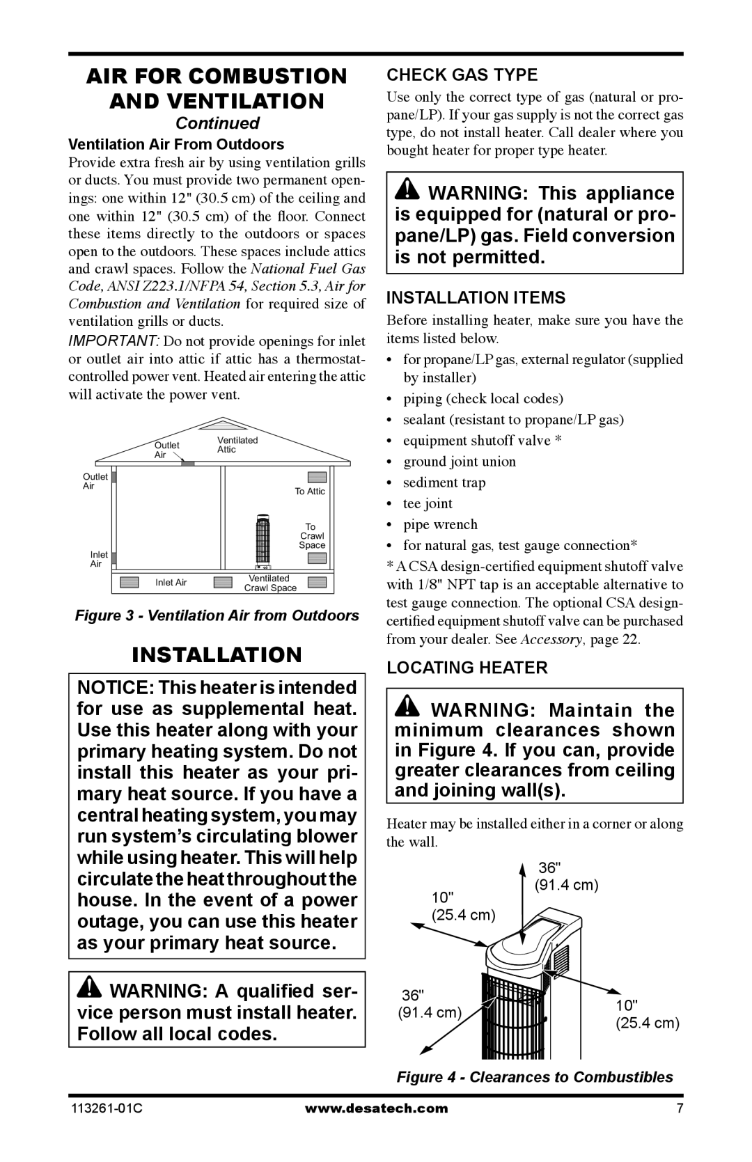 Desa VTN25R, VTP22R Check GAS Type, Installation Items, Locating Heater, Ventilation Air From Outdoors 