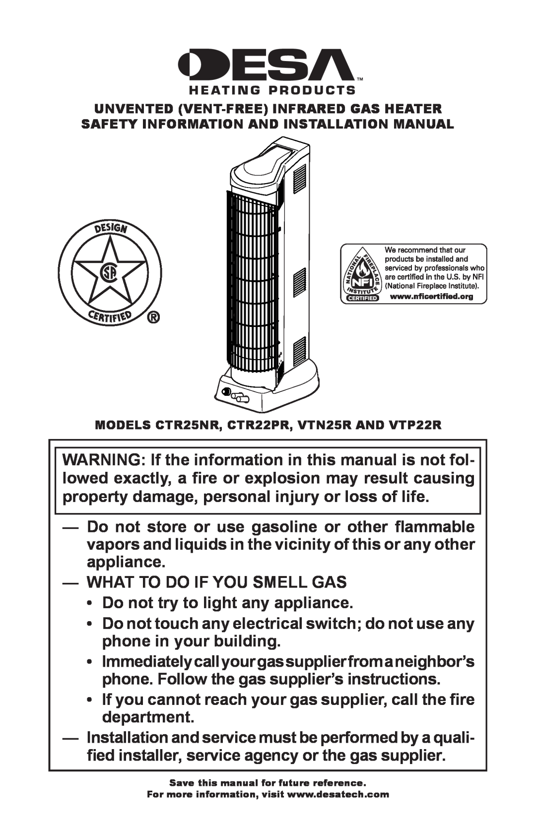 Desa VTN25R, VTP22R installation manual What To Do If You Smell Gas 