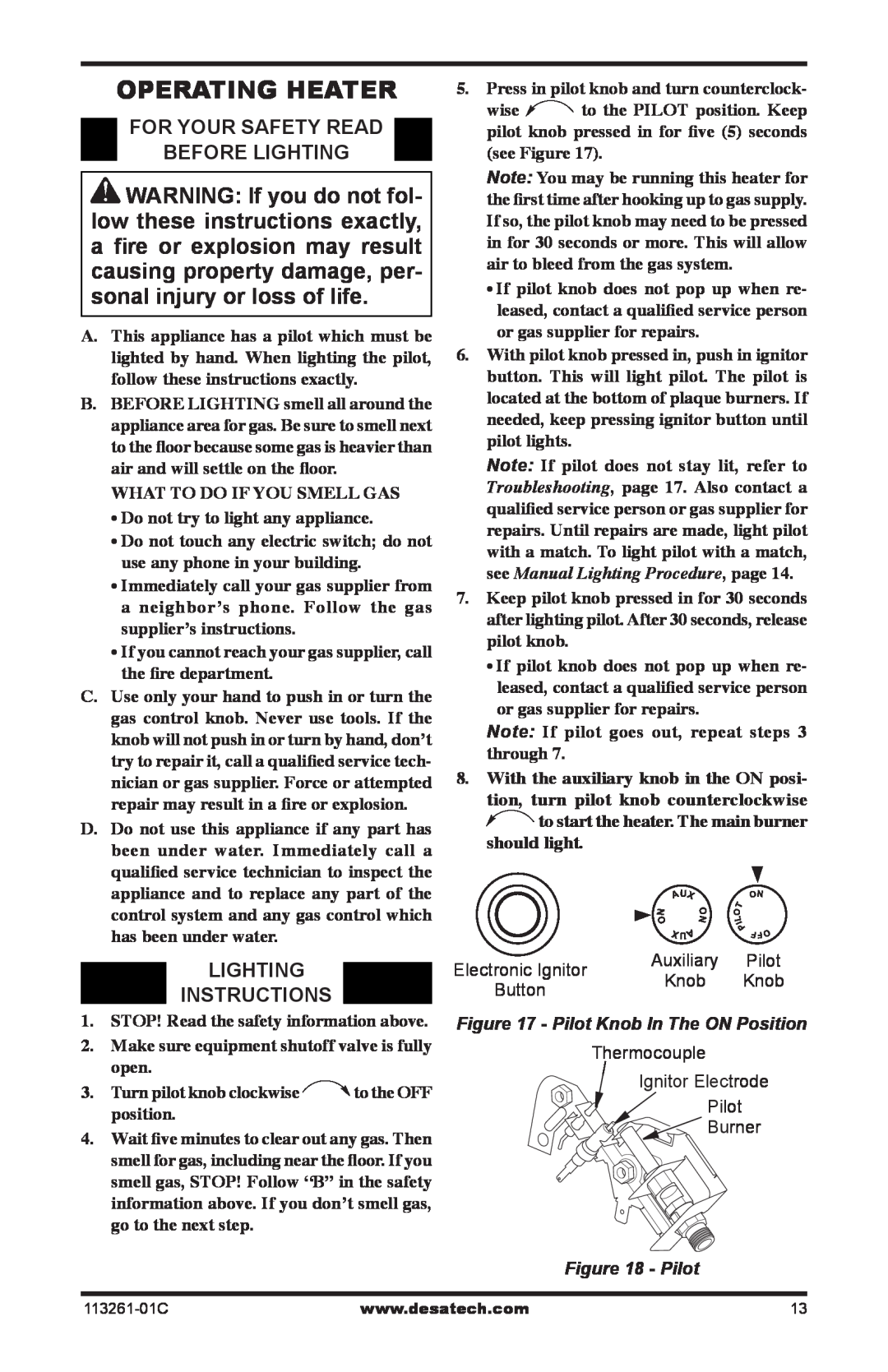 Desa VTN25R, VTP22R installation manual Operating Heater, For Your Safety Read Before Lighting, Lighting Instructions, Pilot 