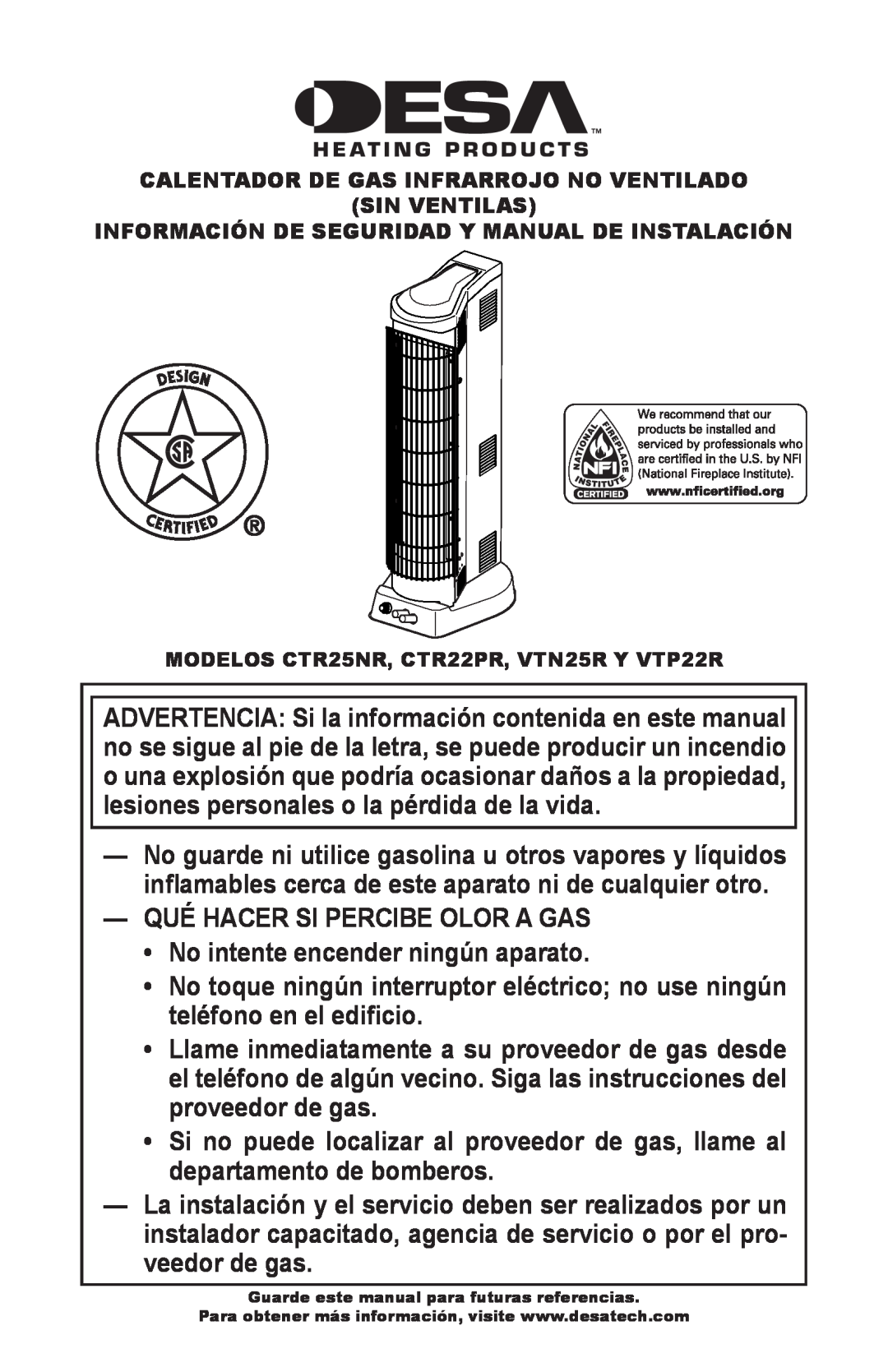 Desa VTN25R, VTP22R installation manual Qué Hacer Si Percibe Olor A Gas 